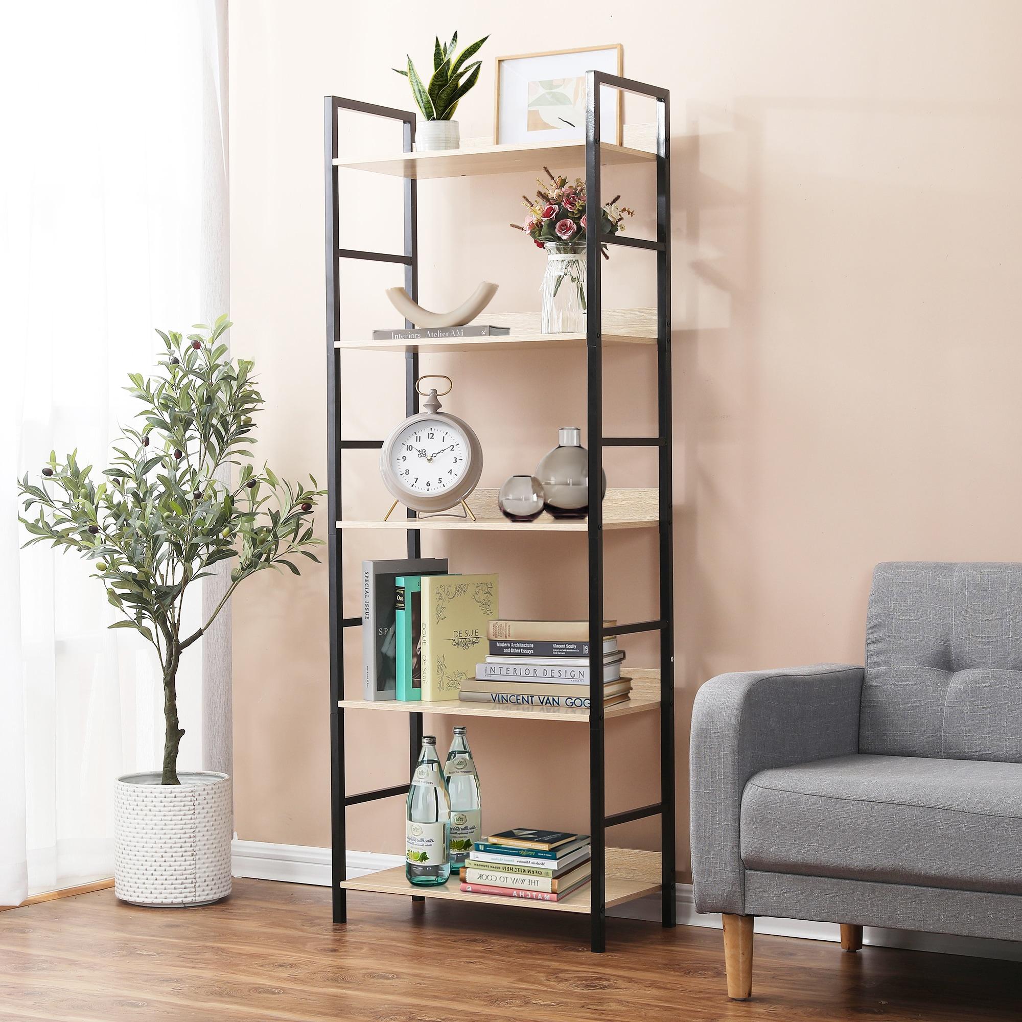 LuxenHome 5-Shelf 63" H x 23.62" W Wood and Metal Etagere Bookcase Brown