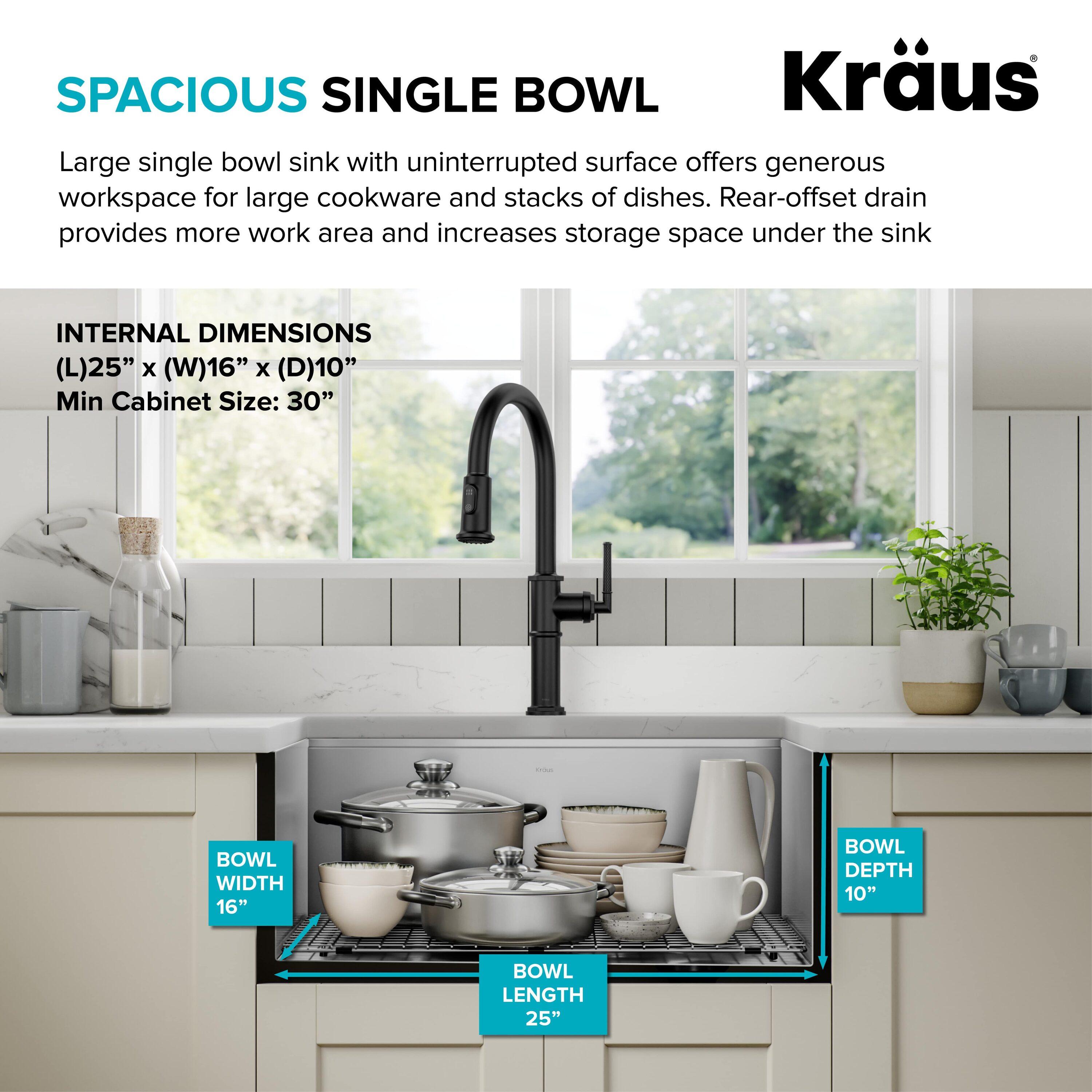 KRAUS Kore™ 27" L Farmhouse Apron Front Workstation 16 Gauge Stainless Steel Single Bowl Kitchen Sink with Accessories