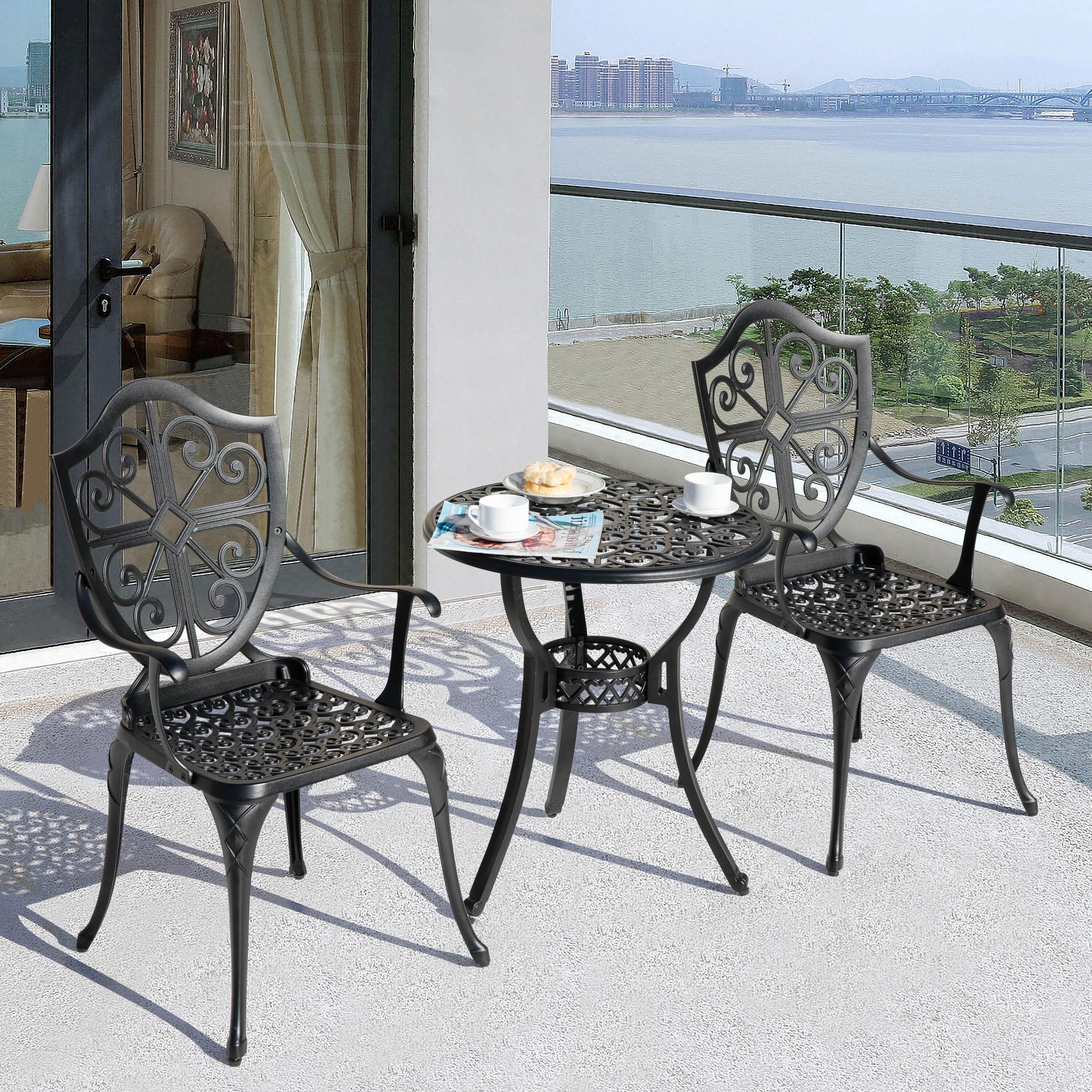 Black Cast Aluminum 3-Piece Outdoor Bistro Set with Floral Design