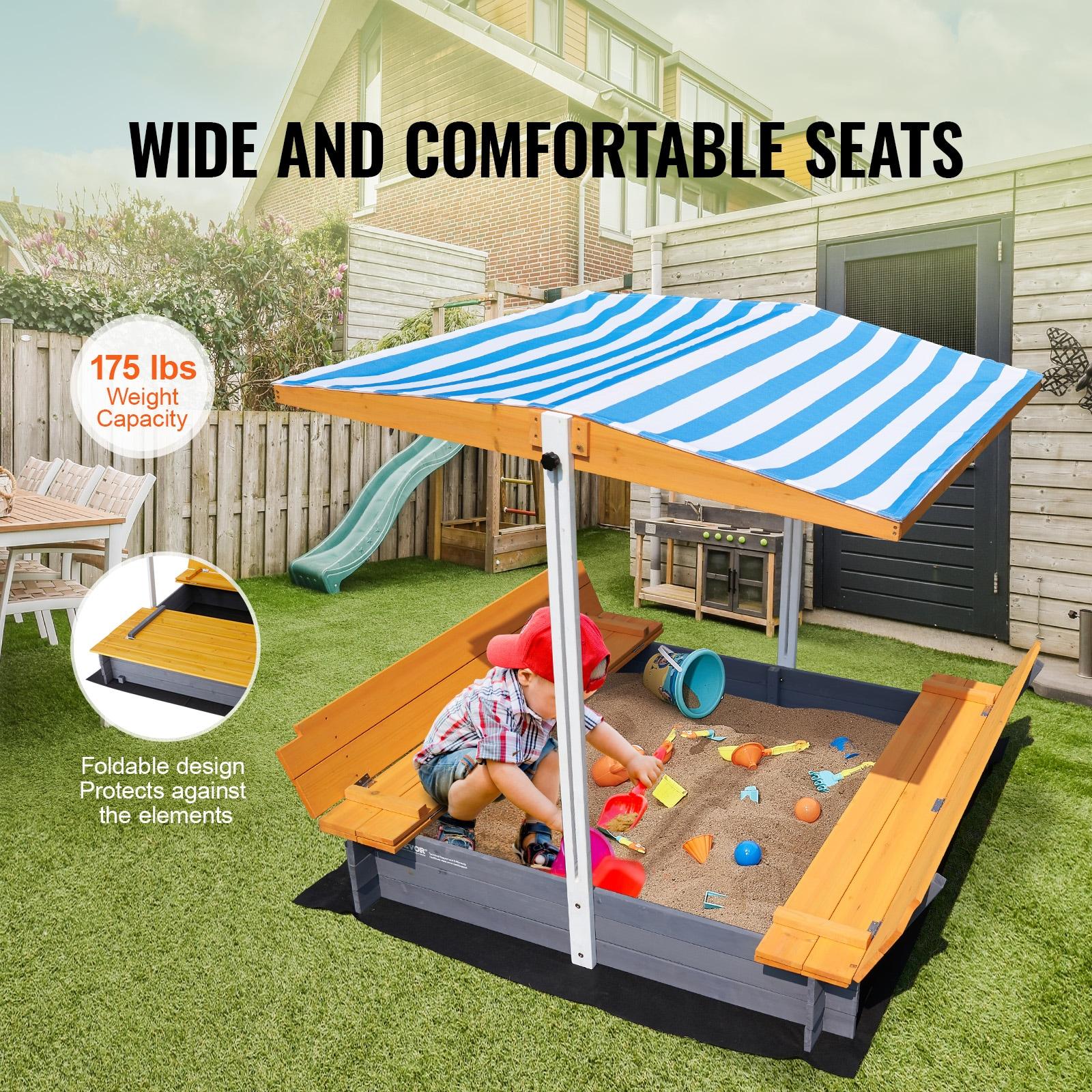 VEVOR Wooden Sandbox with Canopy, Sandpit with Foldable Bench Seats and Bottom Liner, Height Adjustable Roof, Gift for Ages 3-12 Years Old Backyard Garden Easy Assembly (57.3 x 47.2 x 47.2in)