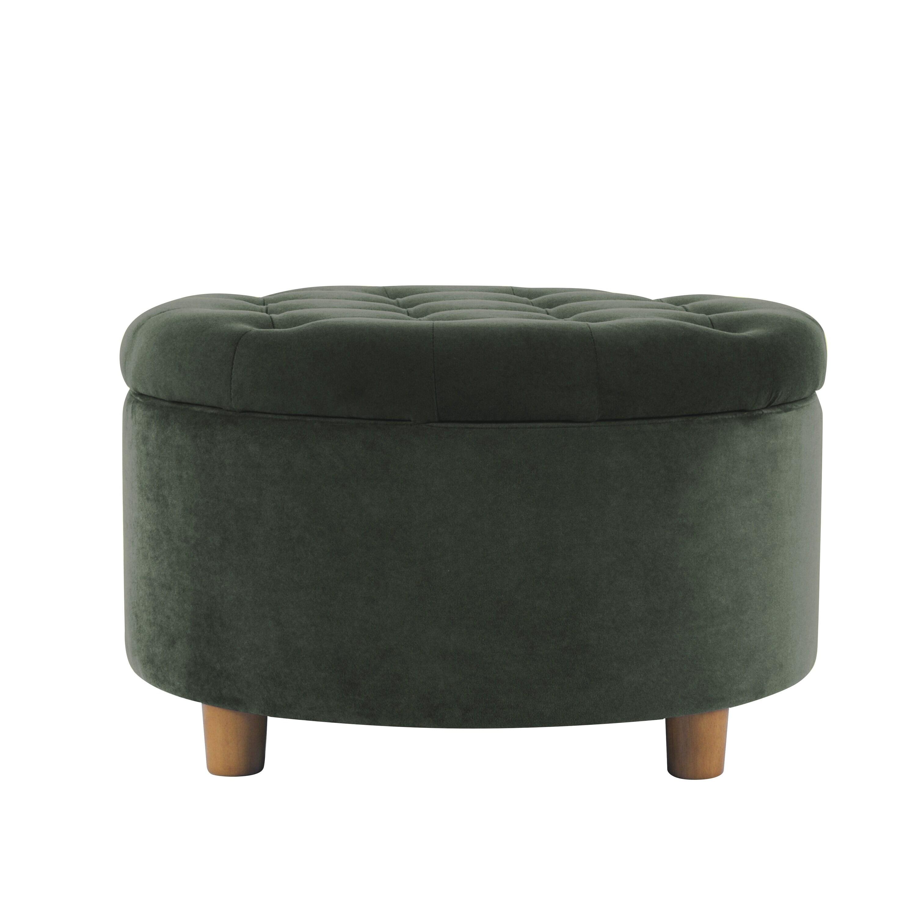 Tufted Round Storage Ottoman Loden Green Velvet - HomePop: Velvet Footstool, Honey Oak Legs, 250lb Capacity
