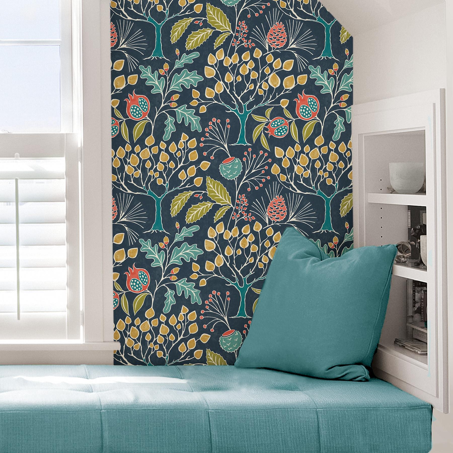 NuWallpaper Groovy Garden Navy Vinyl Peel And Stick Wallpaper, 216-in by 20.5-in, 30.75 Sq. ft. 1 count