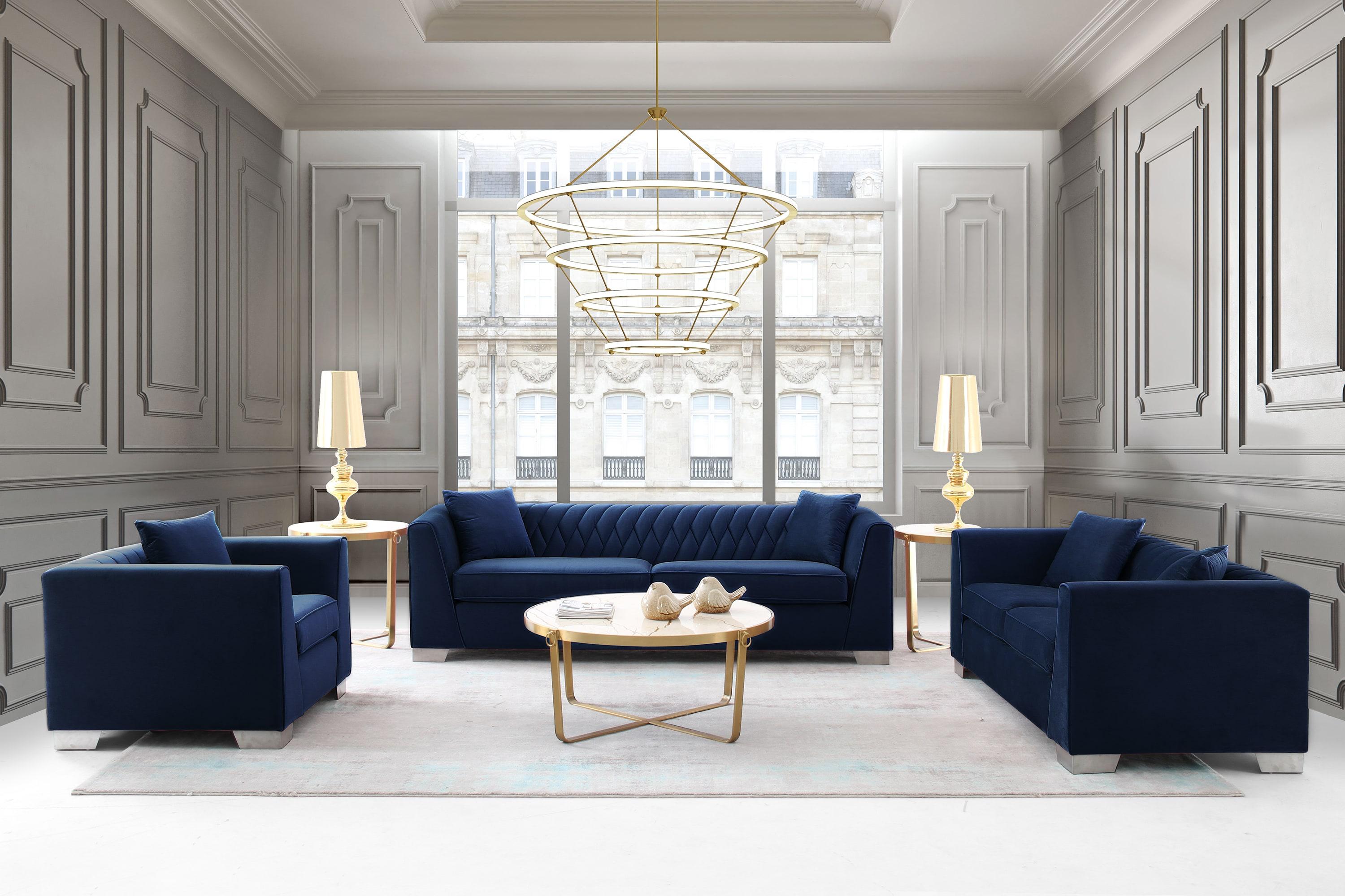 Cambridge Sofa in Brushed Stainless Steel and Blue Velvet