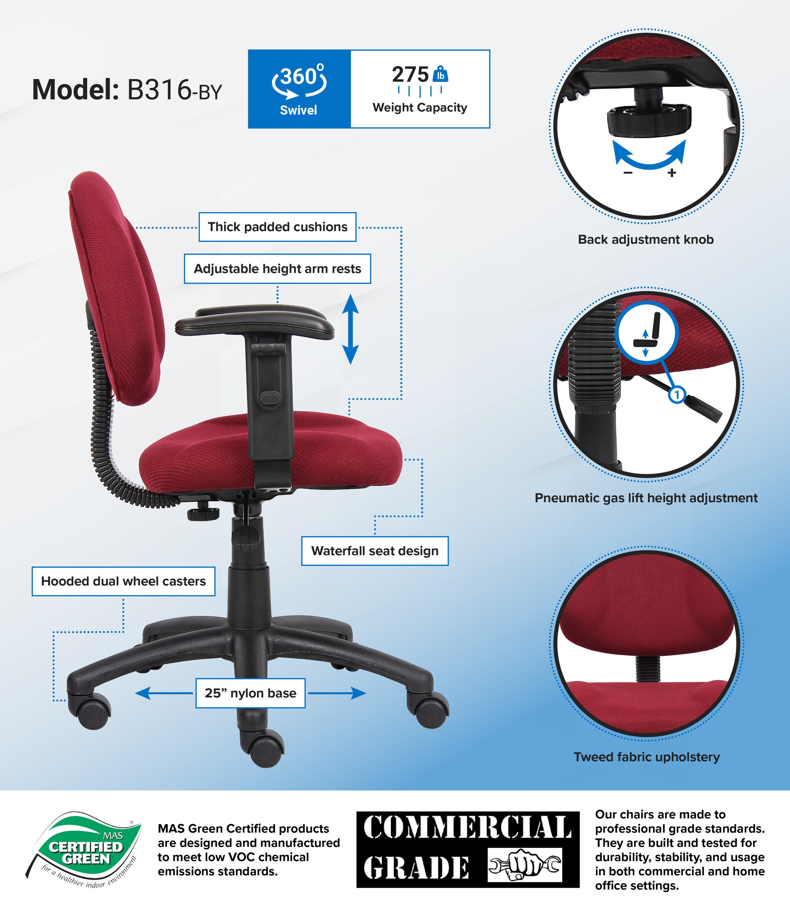 Deluxe Posture Chair with Adjustable Arms Burgundy - Boss Office Products: Ergonomic Swivel, Lumbar Support, Metal Frame