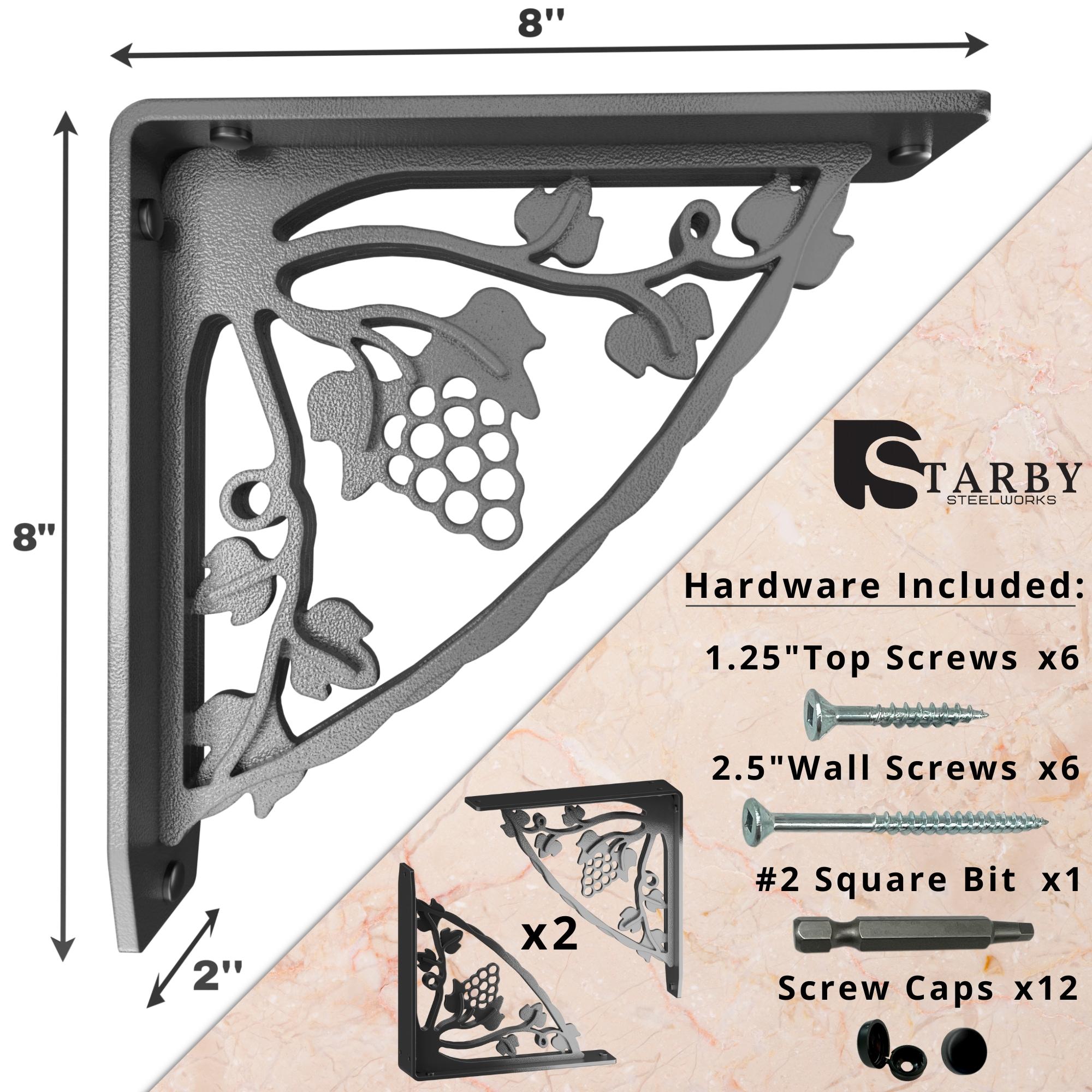 MADEIRA HEAVY DUTY STEEL FIREPLACE MANTEL BRACKETS, FLOATING SHELF, COUNTERTOP SUPPORT - HAND WELDED - 8" x 8" x 2"