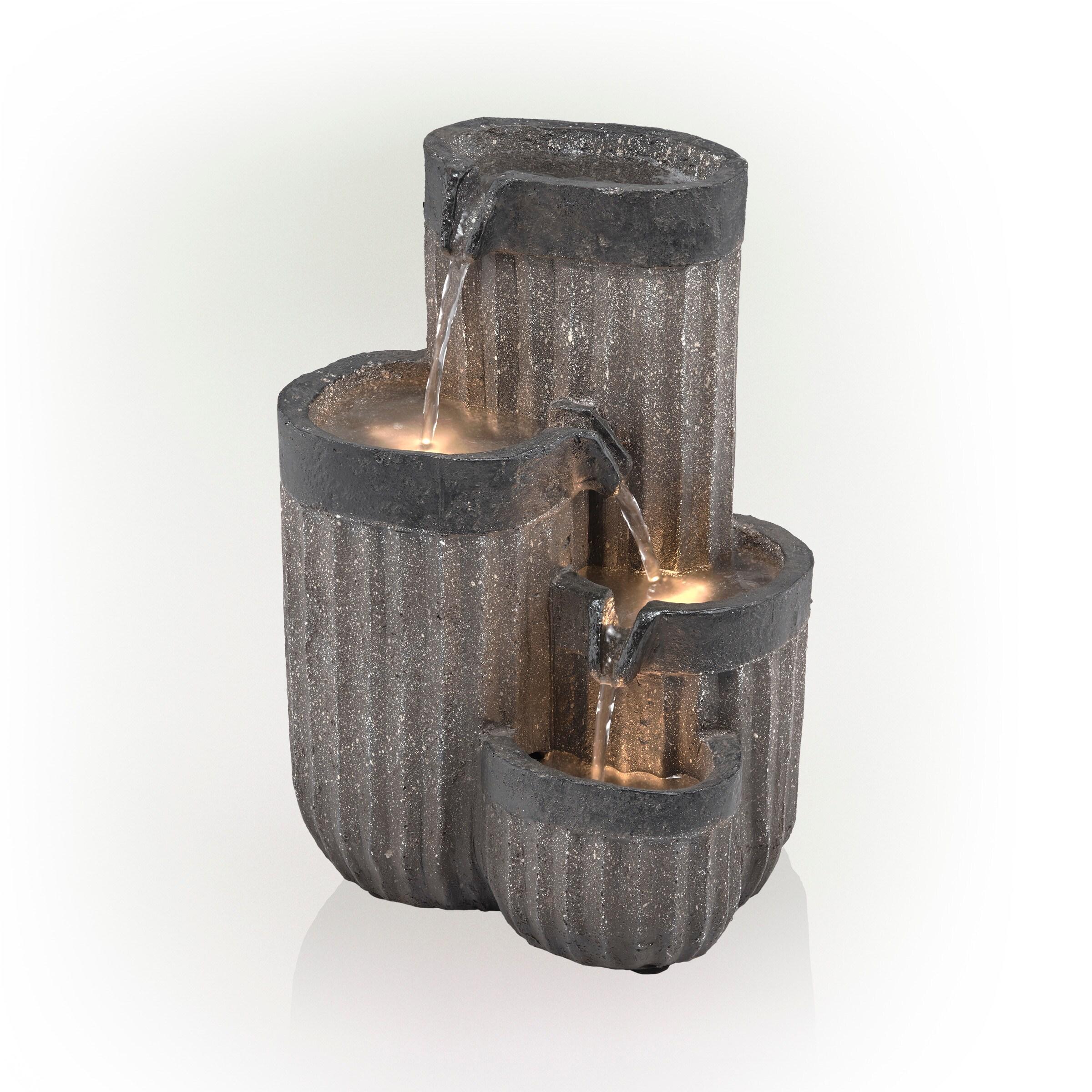 14" Resin Cascading Pillar Tabletop Fountain with LED Lights Gray - Alpine Corporation: Durable, Weatherproof Design, No Assembly Required