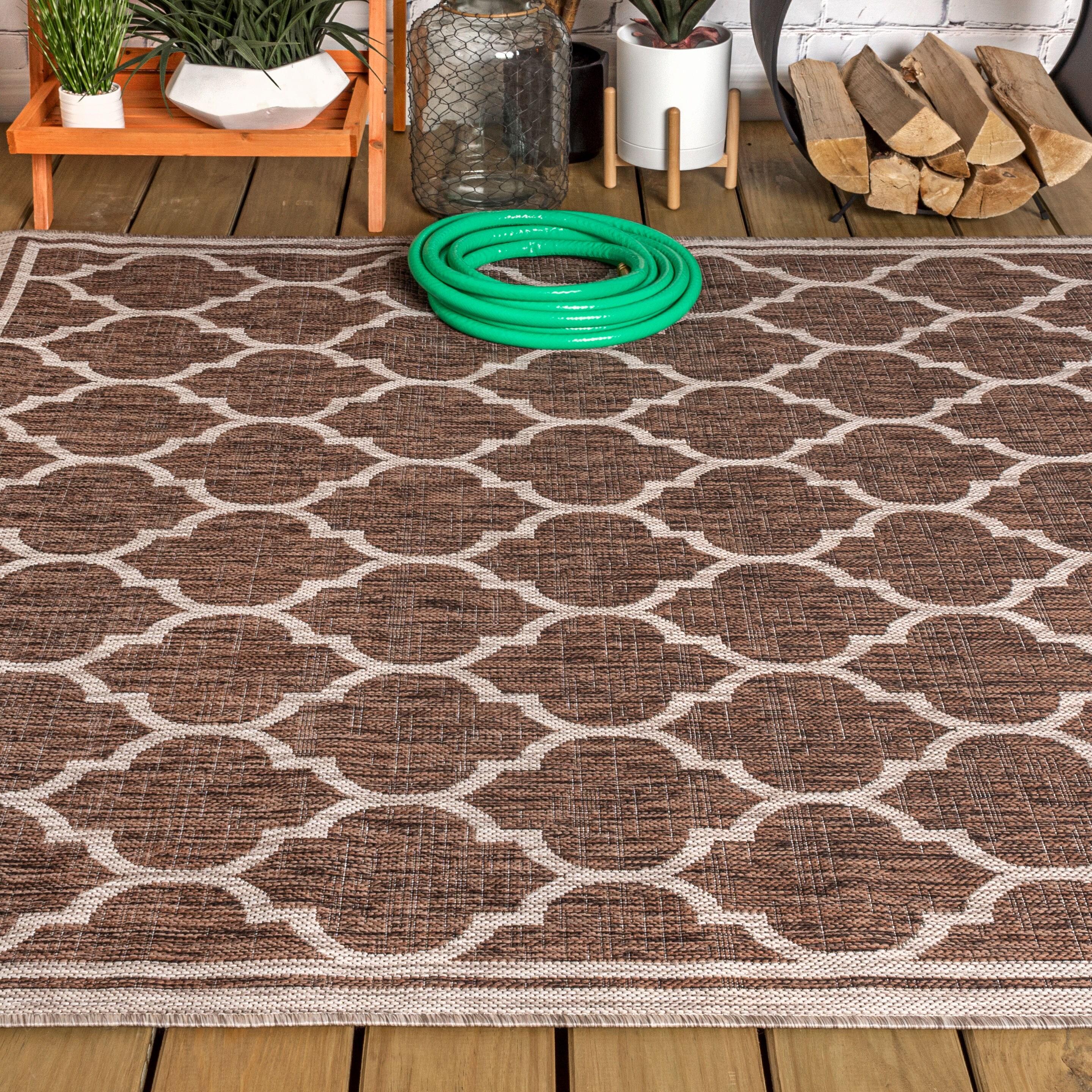 9' X 12' Trebol Moroccan Trellis Textured Weave Indoor/Outdoor Area Rug, Espresso/Taupe - JONATHAN Y