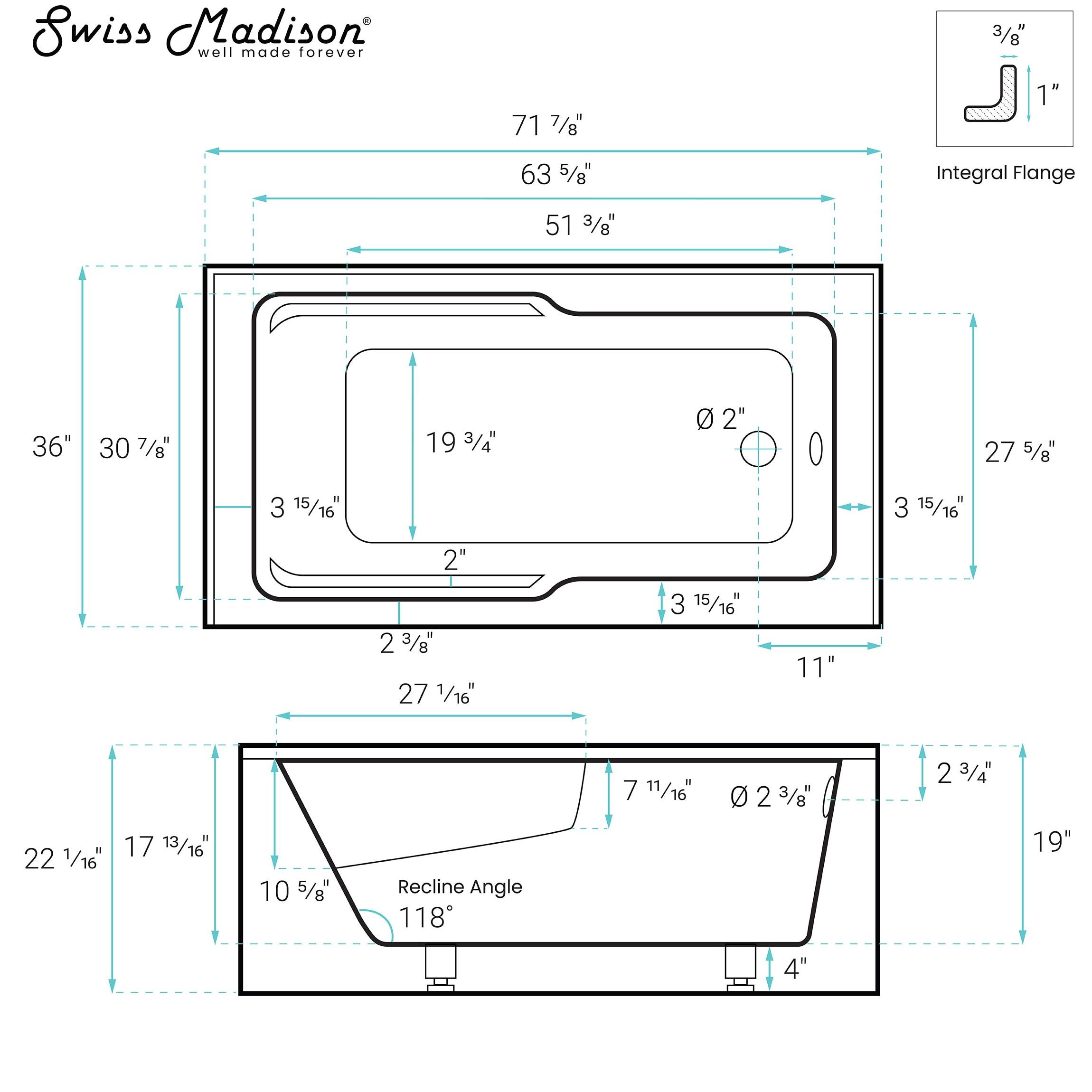 Lausanne 72" x 36" Glossy White Acrylic Alcove Bathtub