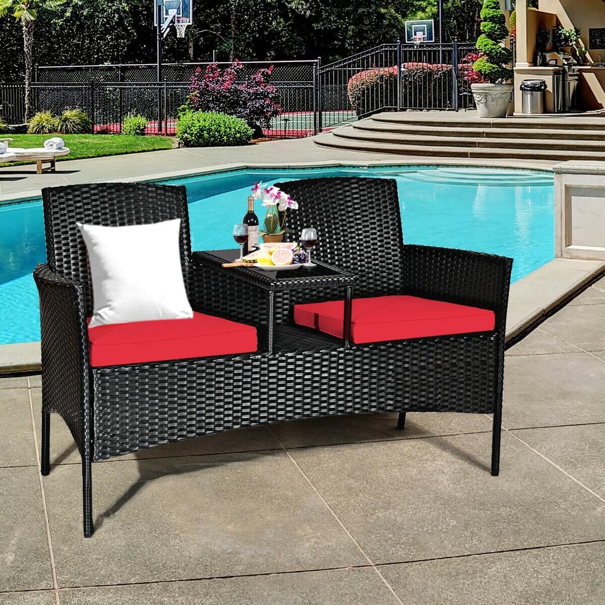 Tangkula Outdoor Rattan Furniture Wicker Patio Conversation Chair W/Cushion Red