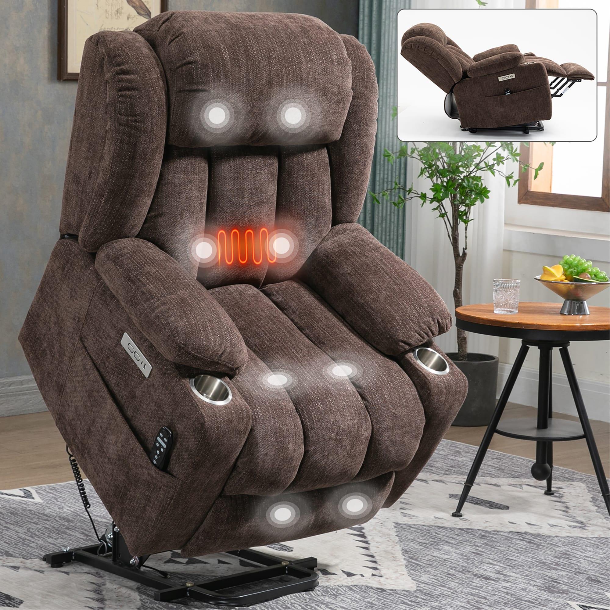 Power Lift Chair with Full-Body Massage and Heat, Electric Recliner Chairs for Adults, Remote Control, Standing Assistance, USB Ports, Stainless Steel Cup Holders, Chenille Brown