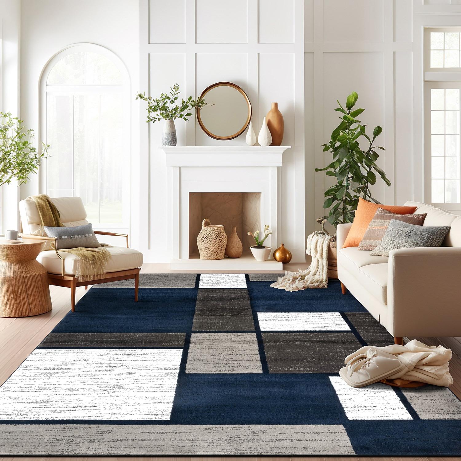 World Rug Gallery  Contemporary Modern Boxed Color Block Area Rug Navy 9' x 12' Geometric, Color Block 9' x 12', 7' x 9' Living Room, Bedroom, Dining