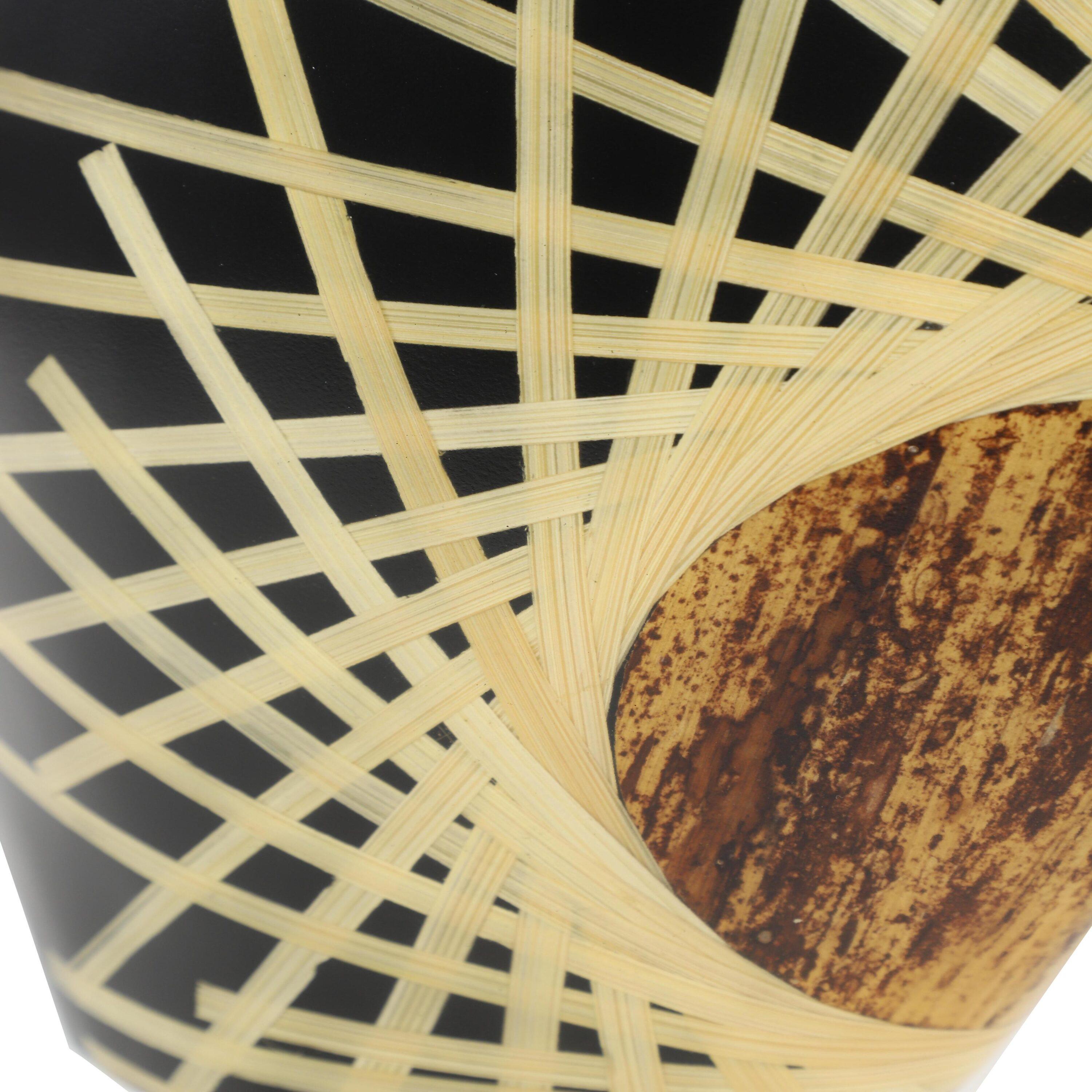 Decmode - Large Black Glazed & Bamboo Inlay Banana Wood Vase w/ Exposed Bark Detail, 11.5” x 18”