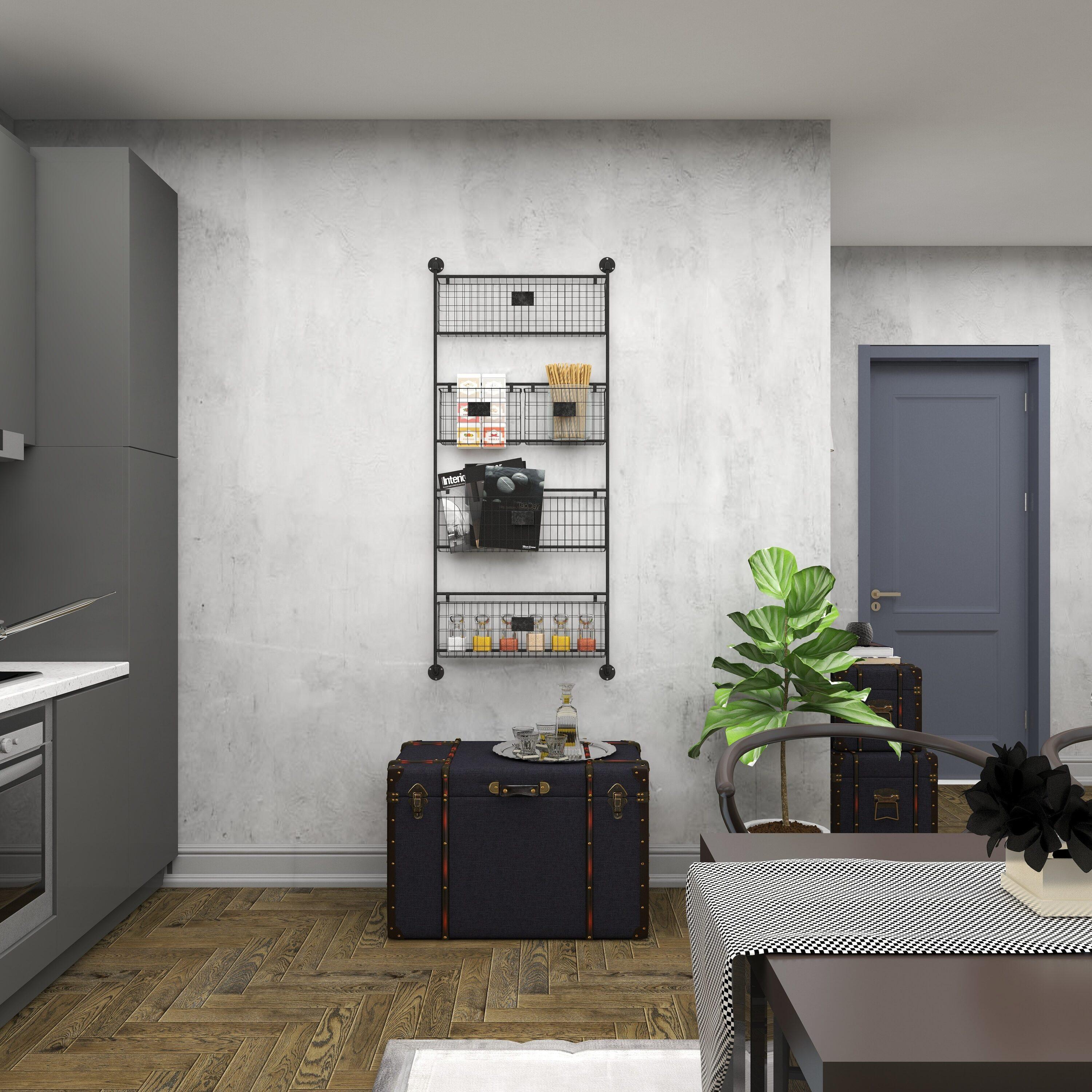 DecMode 4-Tier Industrial Wall Organizer Basket and Magazine Rack Holder, 27"W x 5"L x 61"H, Black Metal with Rustic Distressed Finish