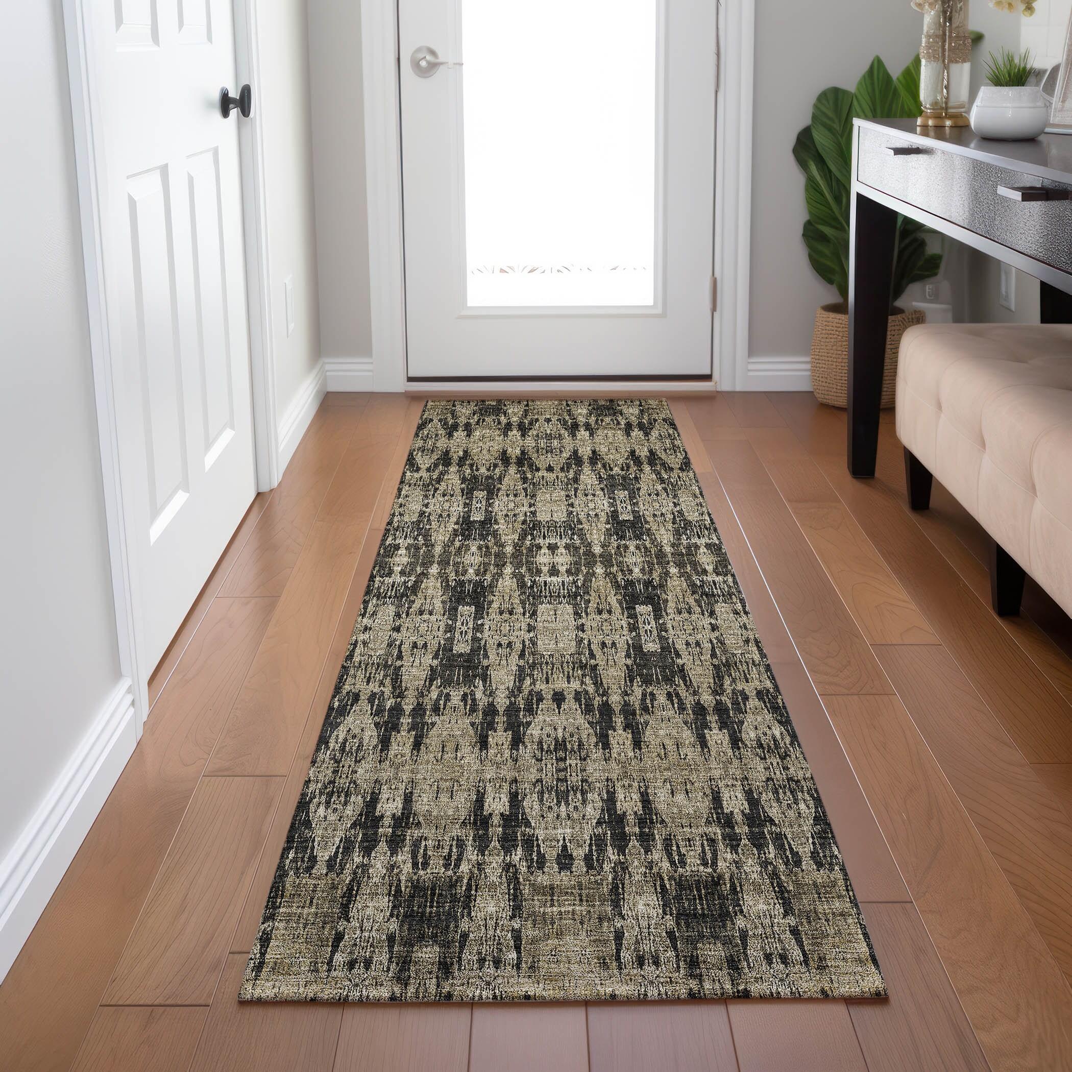 Black and Beige Moroccan Motif Washable Runner Rug