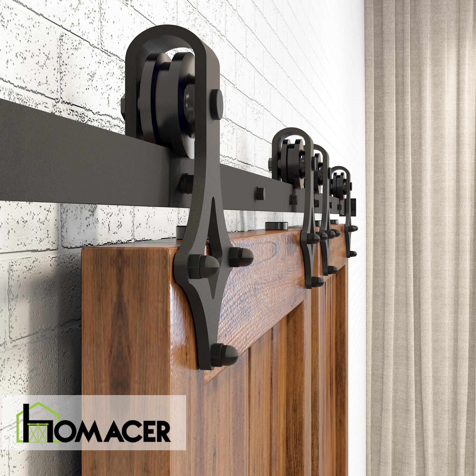 Homacer Black Rustic Sliding Barn Door Hardware Kit, for Two/Double Doors, 8ft Long Flat Track, Diamond Design Roller, Heavy Duty, for Interior & Exterior Use