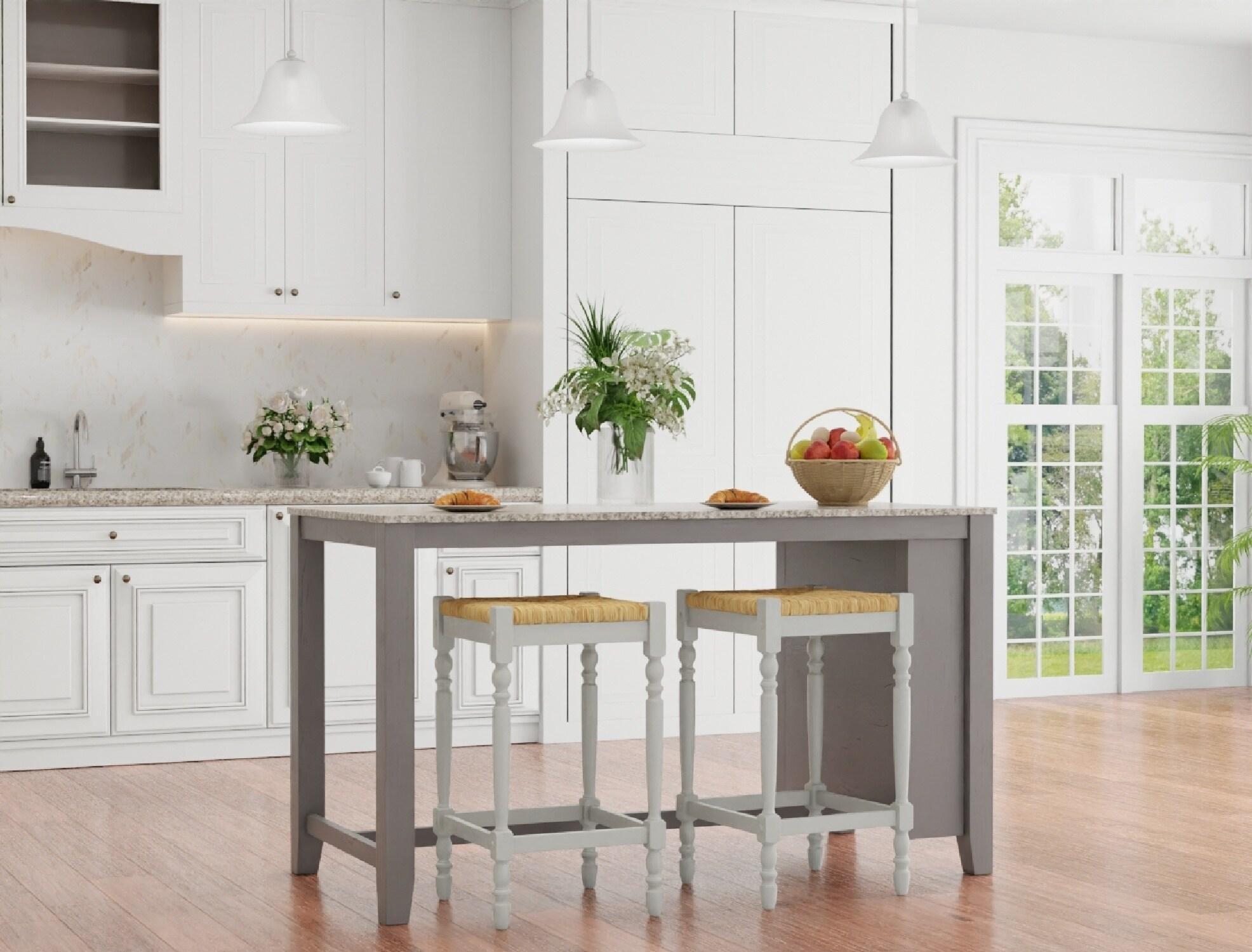 Carolina Cottage Hawthorne 24" Counter Stool with Woven Rush Seat - Vintage Hardwood Legs, Hand Finish Backless Stool (Antique White)