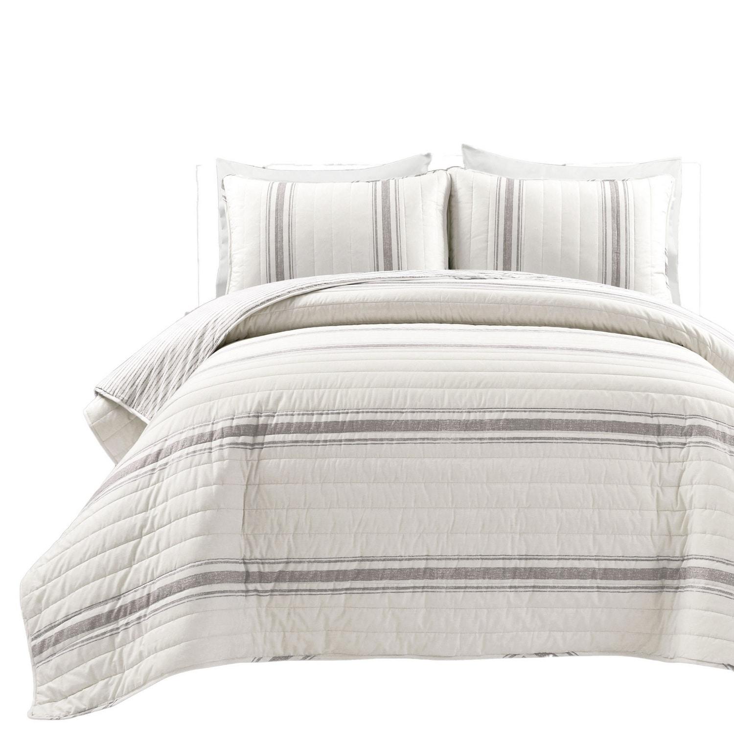 Lush Decor Farmhouse Stripe Cotton Reversible Quilt, Full/Queen, Gray, 3-Pc Set