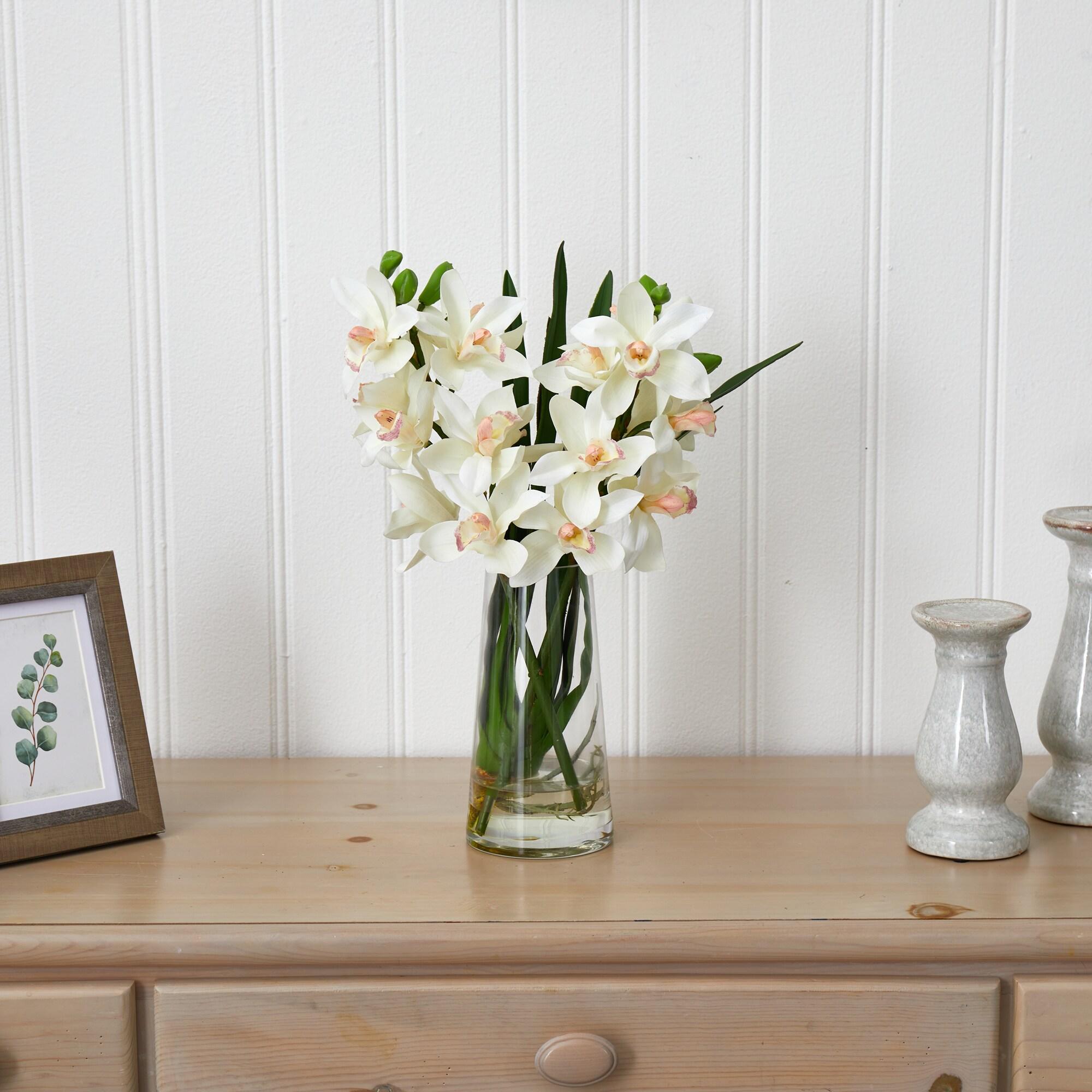 Nearly Natural Cymbidium Orchid with Vase