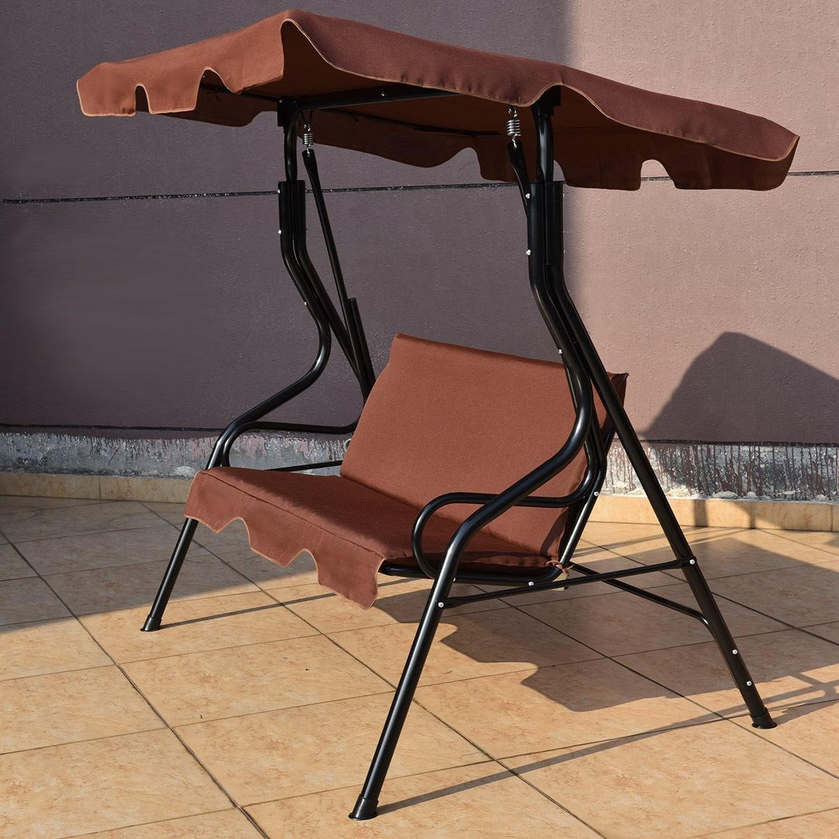 GVN 3 Seats Patio Canopy Swing-Brown, Porch Swing Hanging Bench, Outdoor Swing Bench for Patio, Yard, Garden