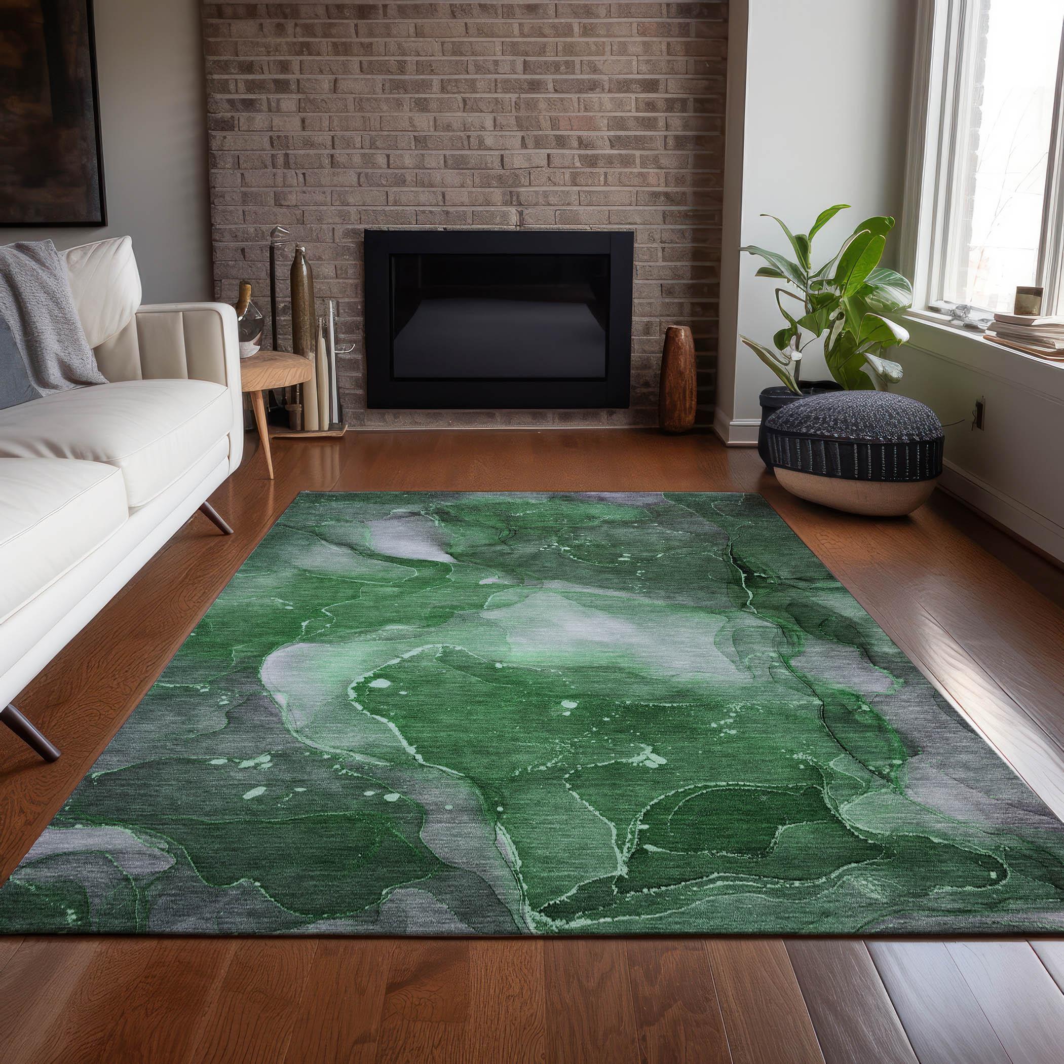 Emerald Green Abstract Watercolor Washable Synthetic Area Rug 3' x 5'