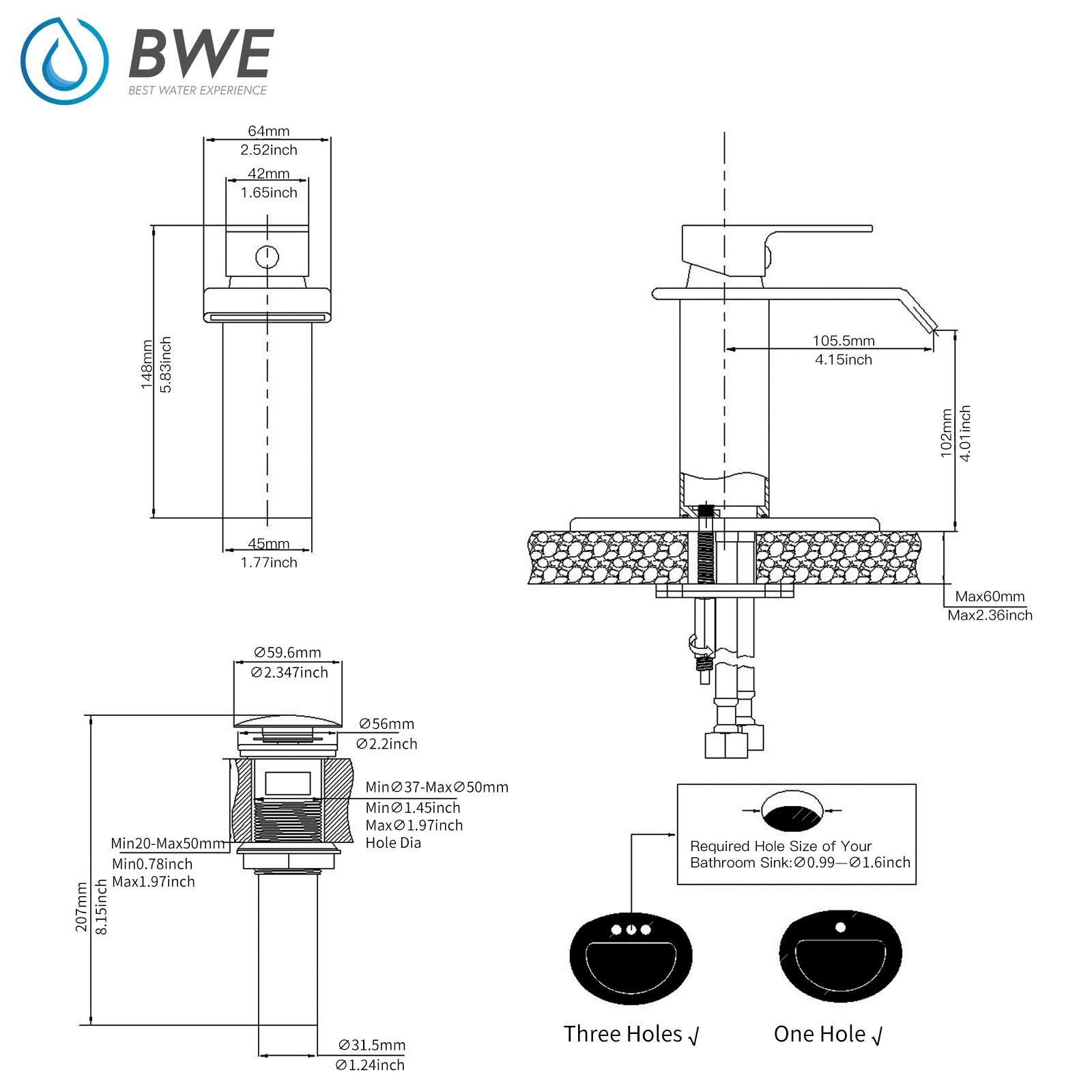 BWE Waterfall Single Hole Single-Handle Low-Arc Bathroom Faucet With Pop-up Drain Assembly