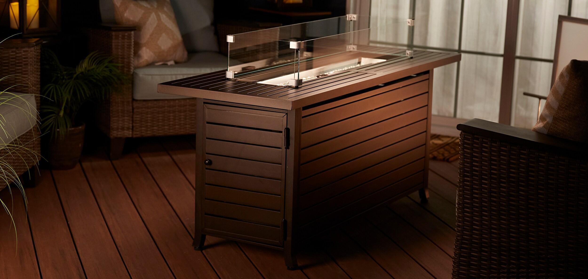 56 in. x 21 in. Rectangular Fire Table with Glass Wind Guard, Cover and Table Lid in Bronze