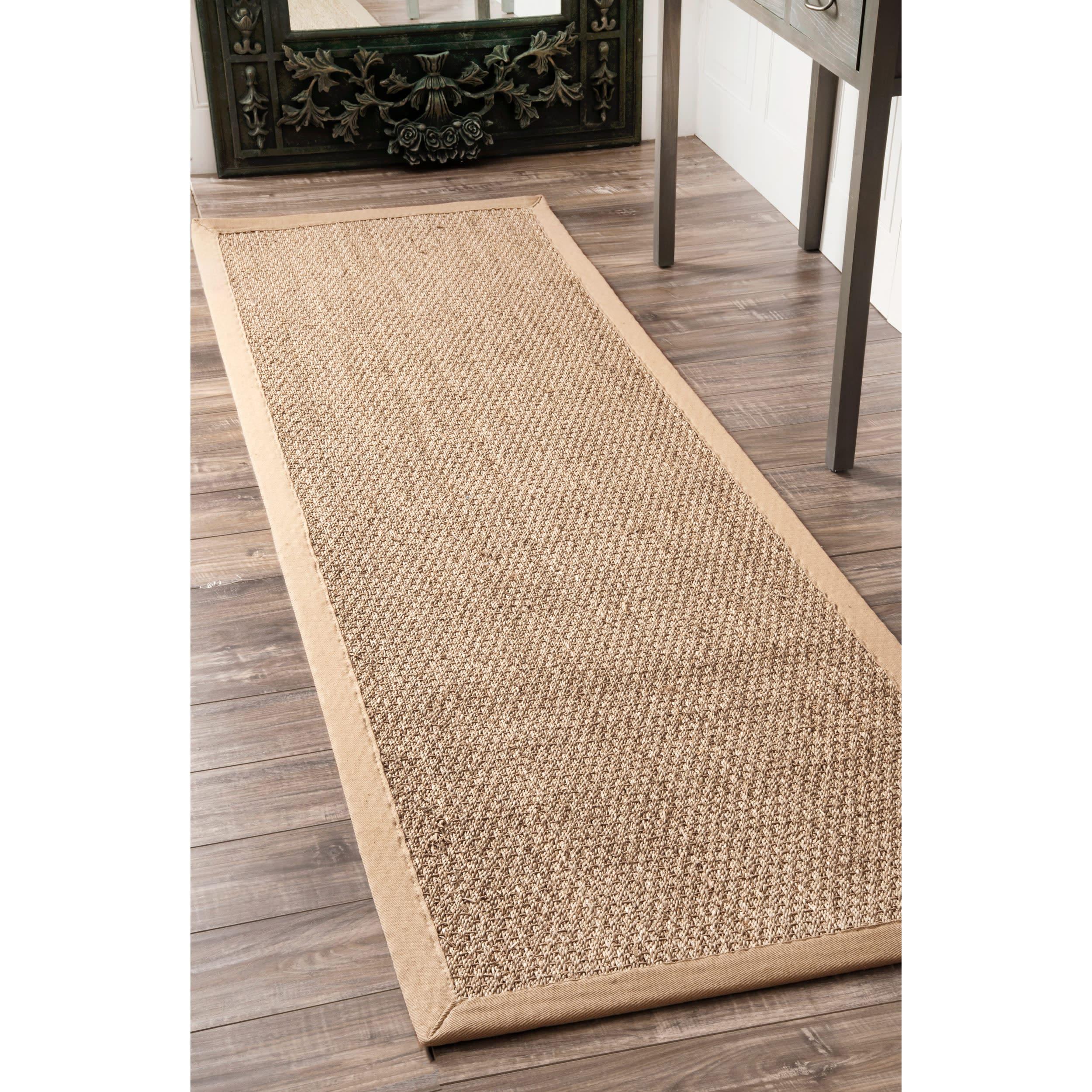 Beige Seagrass Runner Rug with Cotton Border, 2'6" x 14'
