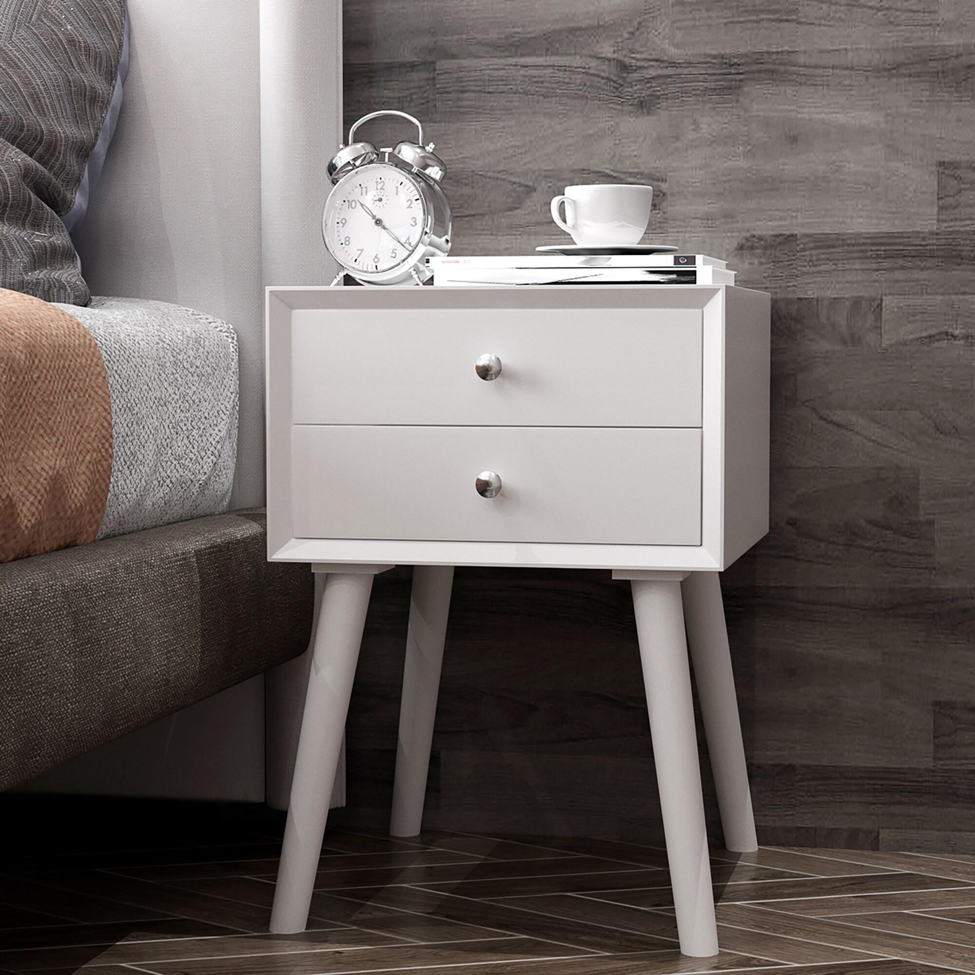 Costway End Table W/Drawers and Storage Wooden Mid-Century Accent Side Table Multipurpose for Bedroom Living Room Home Furniture Nightstand-White