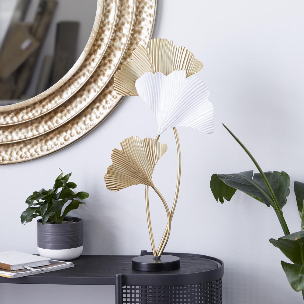 Staggered Ripple Leaf Fans Metal Table Sculpture in White & Gold