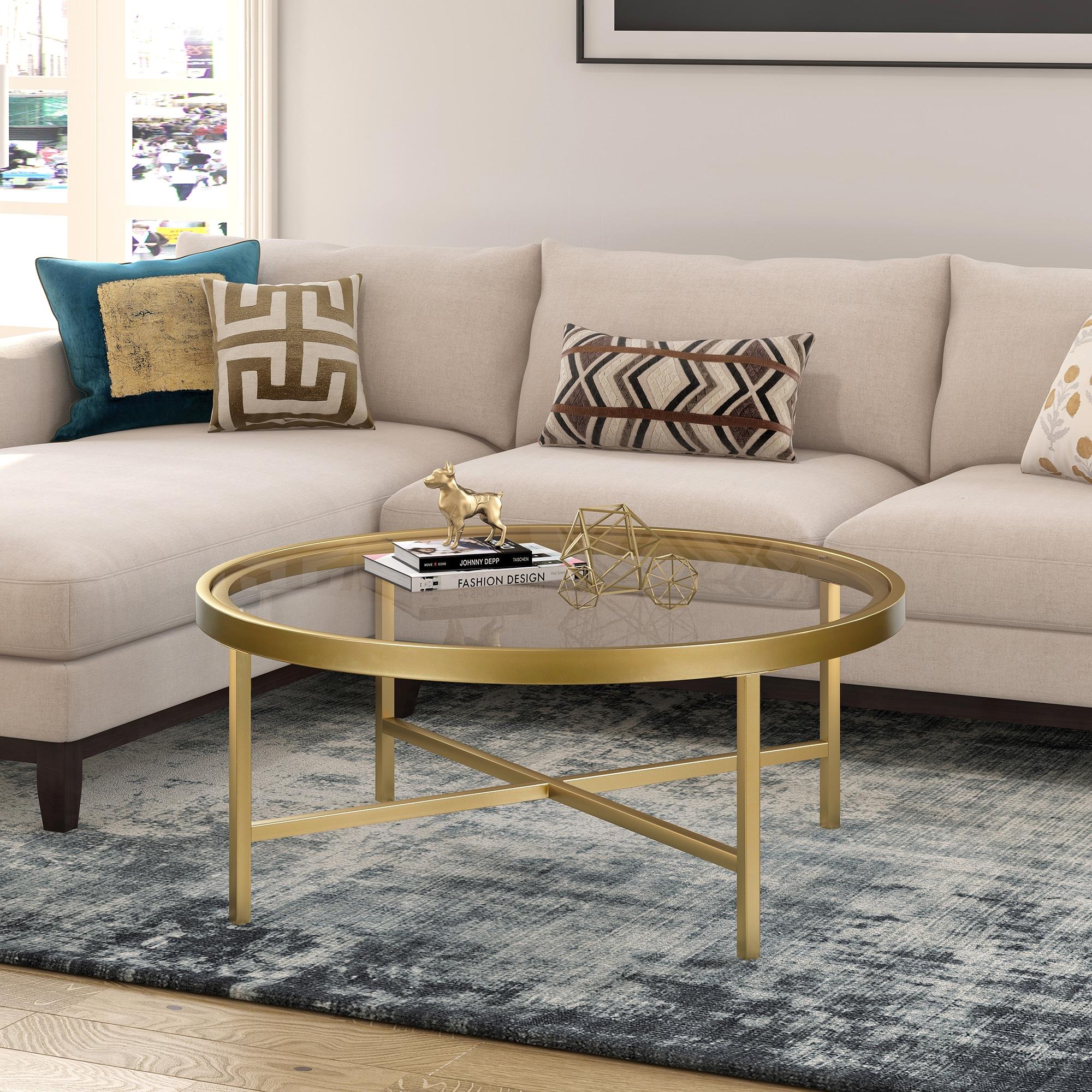 Evelyn&Zoe Round Metal Base Coffee Table in Brass and Gold