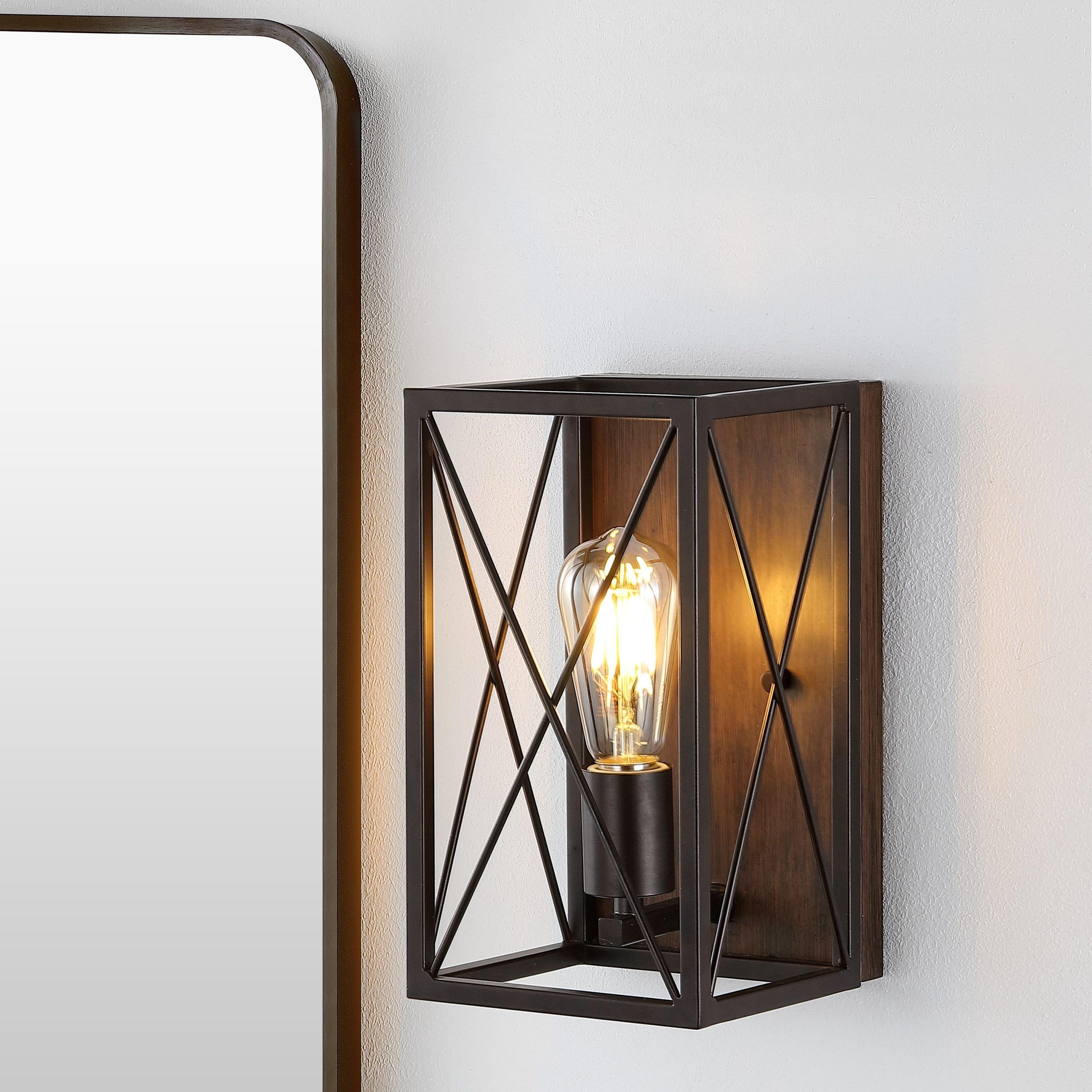 JONATHAN Y Norris X-Frame 6" 1-Light Farmhouse Rustic Iron LED Sconce, Oil Rubbed Bronze/Wood Finish