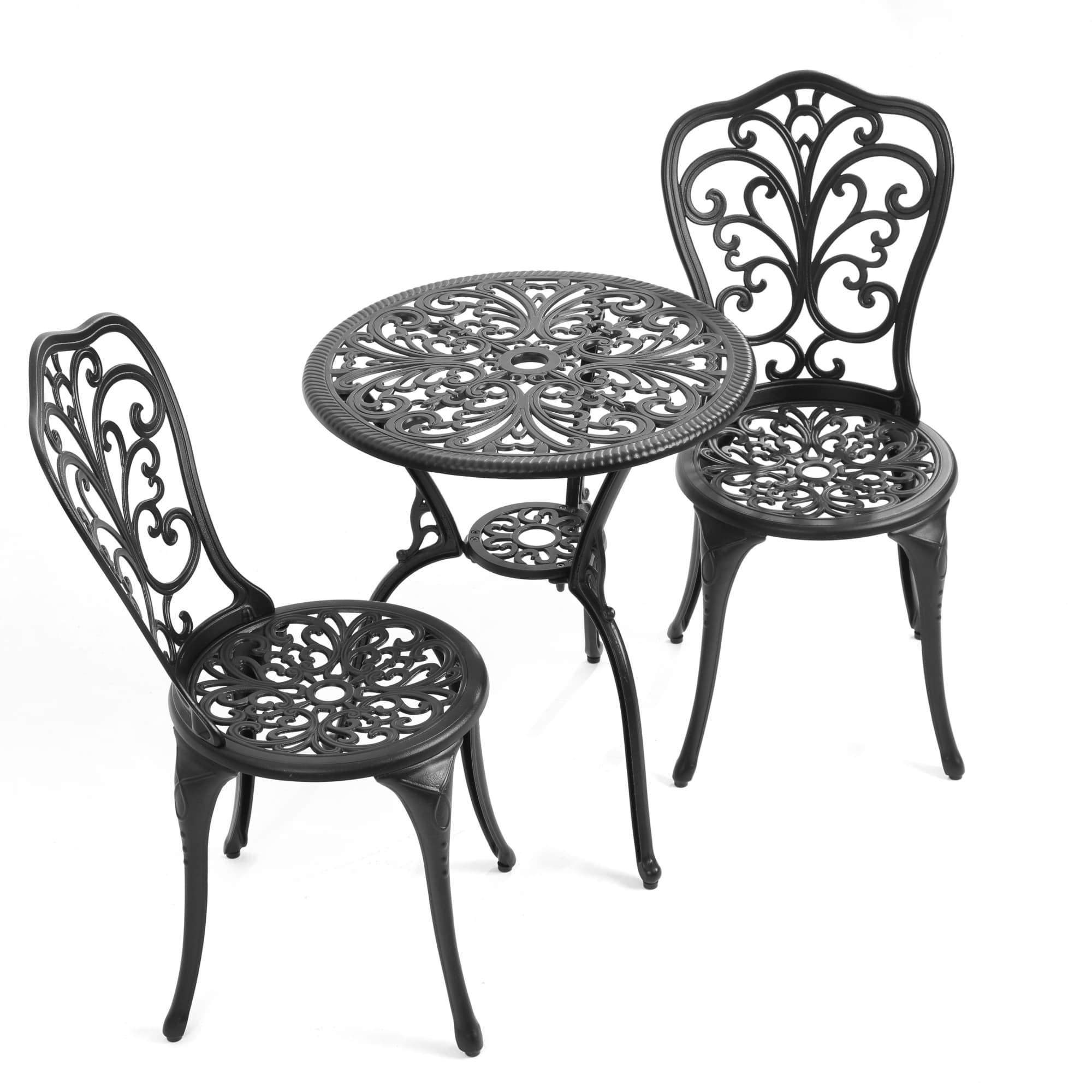Black Cast Aluminum 3-Piece Outdoor Bistro Set with Round Table