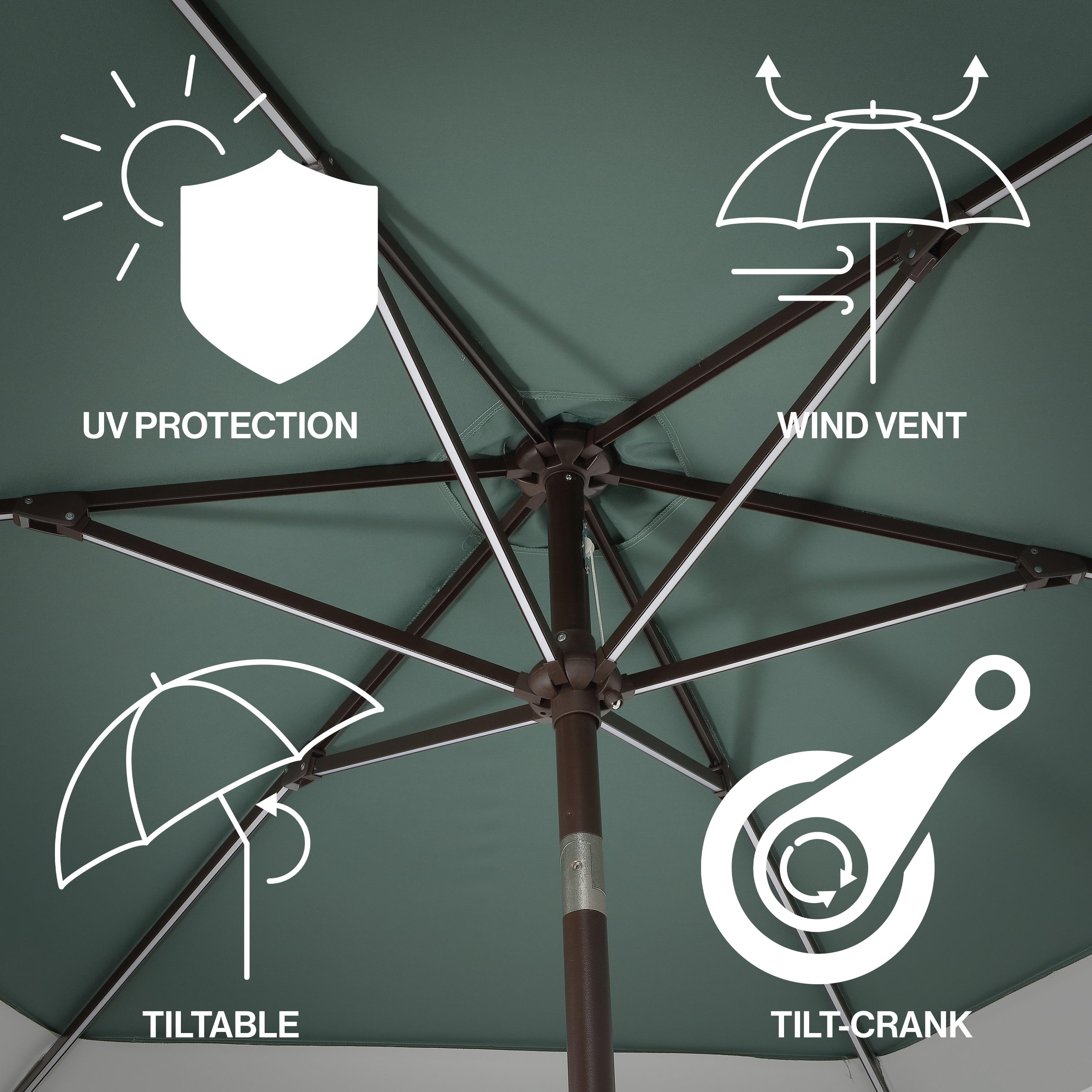 JONATHAN Y Spencer 9 ft. Classic Coastal 2-Tone Solar LED Market Patio Umbrella 12 LED Strip Lights, Auto-Tilt, Crank, UV Protection in Green/White