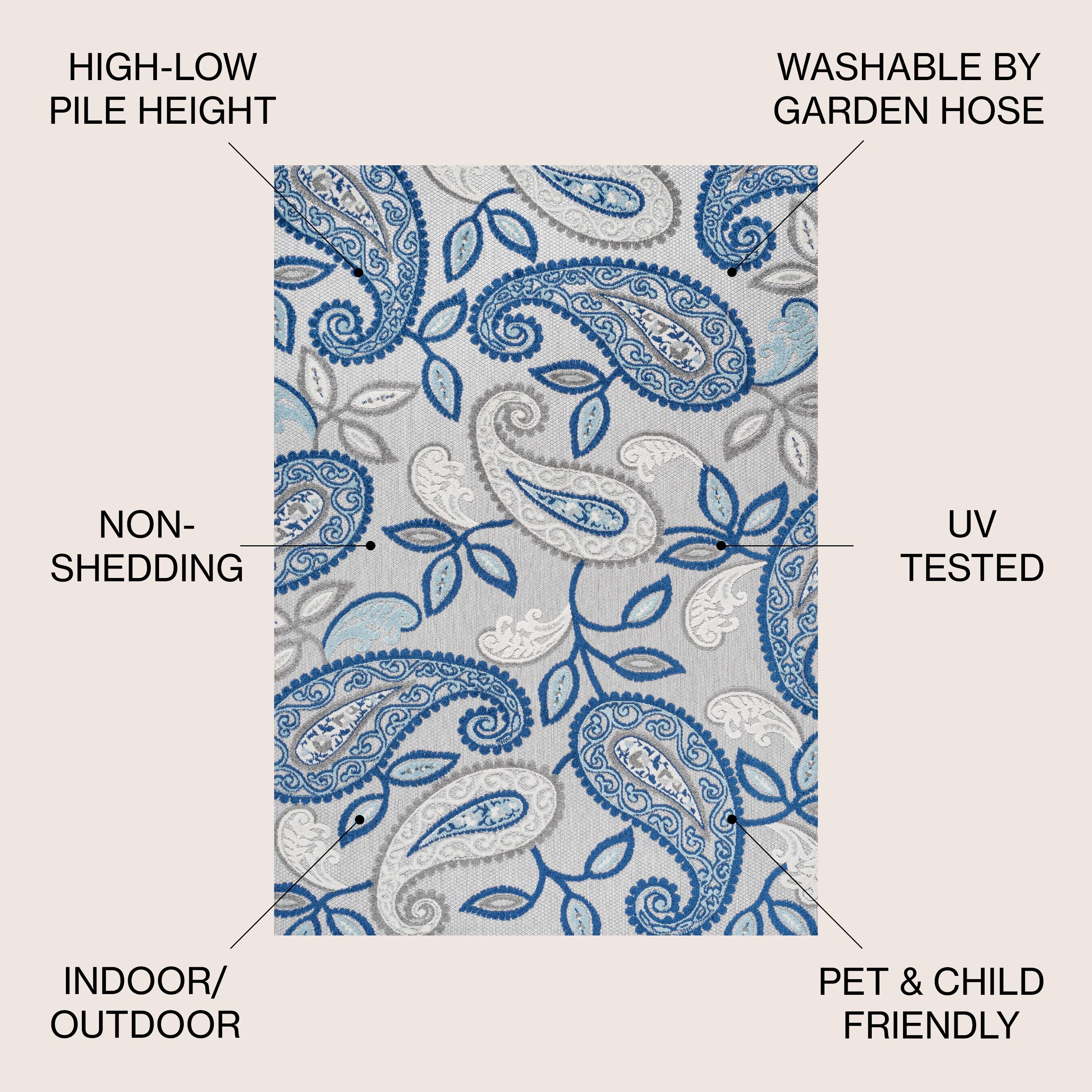 5'x8' Julien Paisley High-Low Indoor/Outdoor Area Rug, Blue/Light Gray - JONATHAN Y