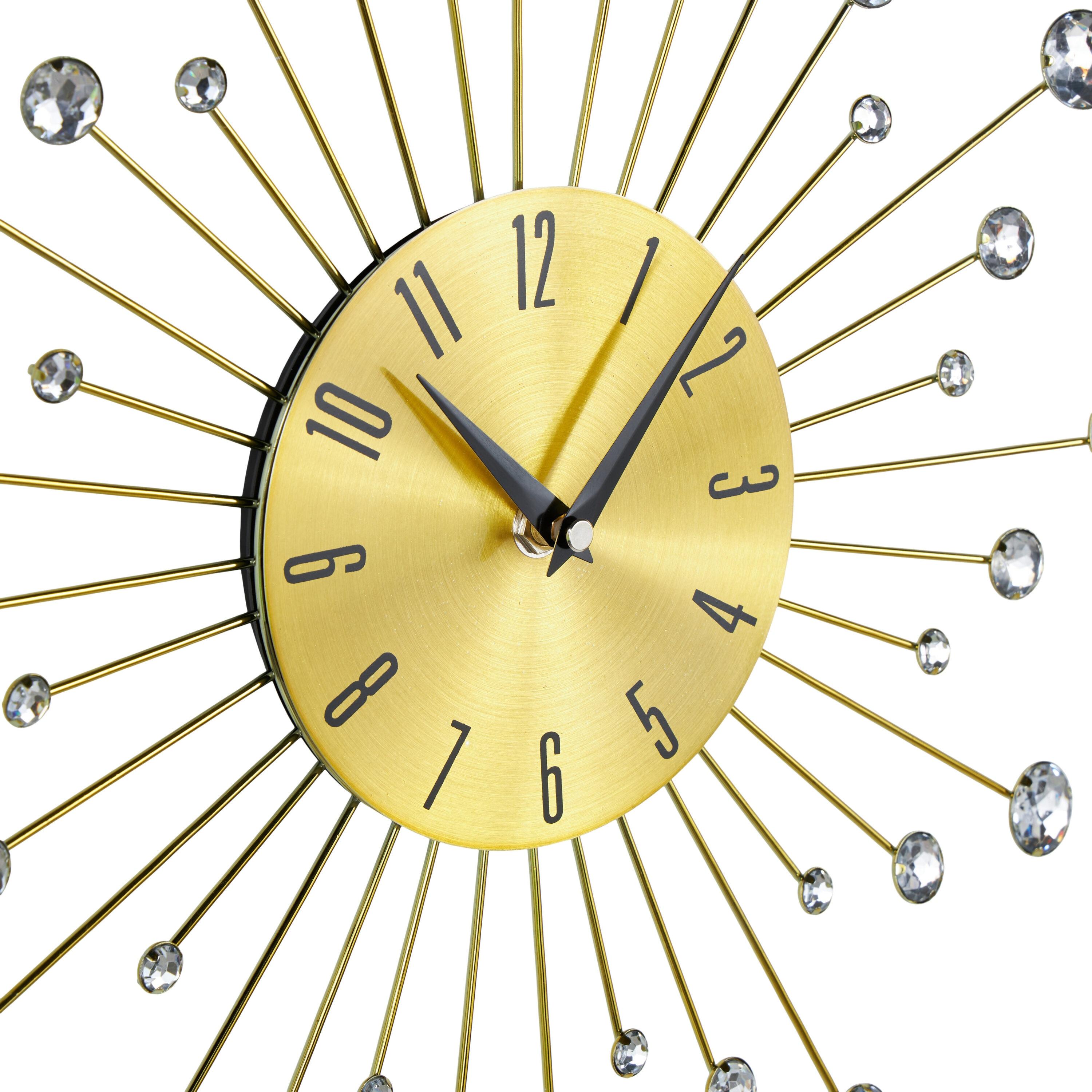 DecMode Gold Metal Glam Wall Clock, 15”L x 0.5”W x 15”H, Features Starburst Design