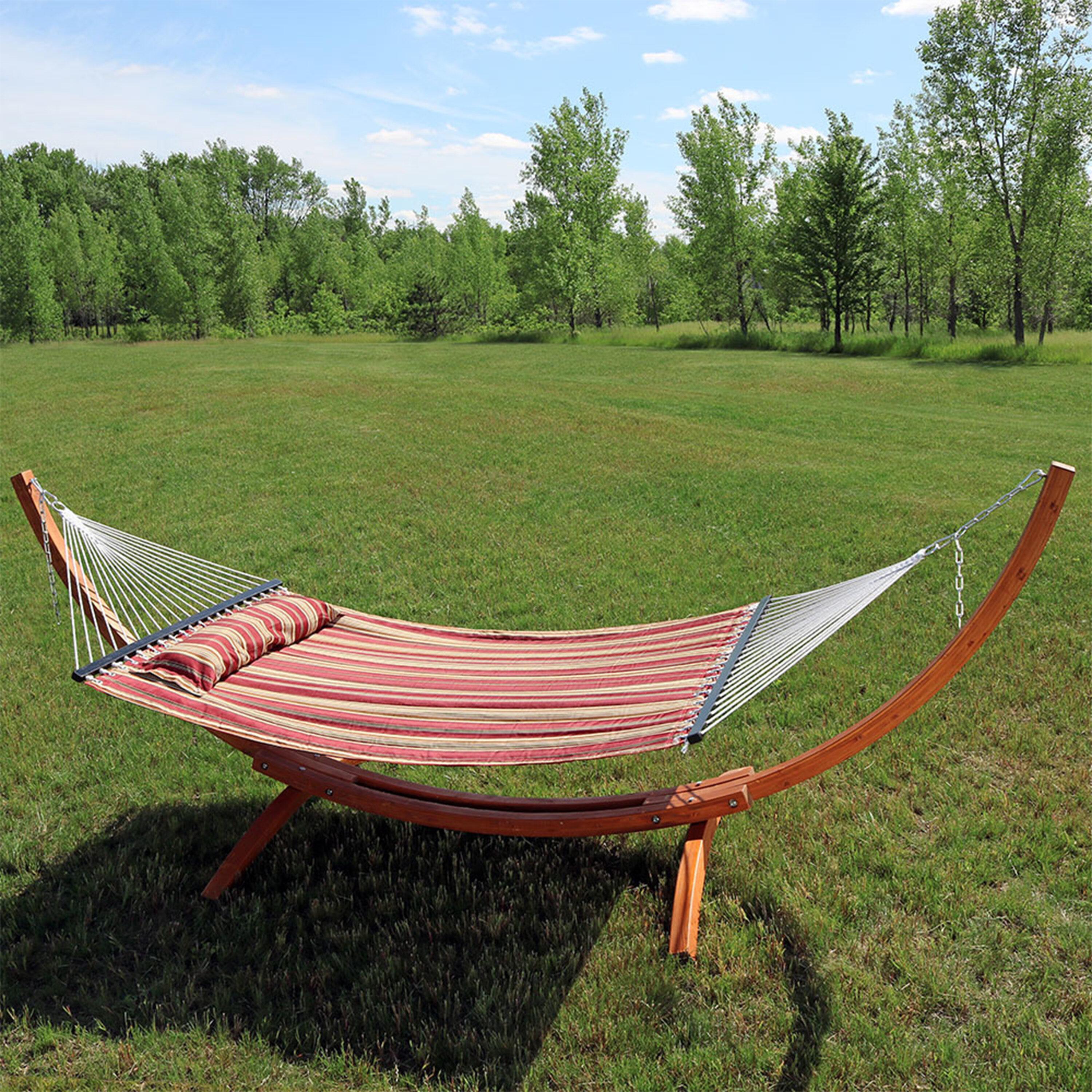 Red Stripe Quilted Double Hammock with Curved Wood Stand