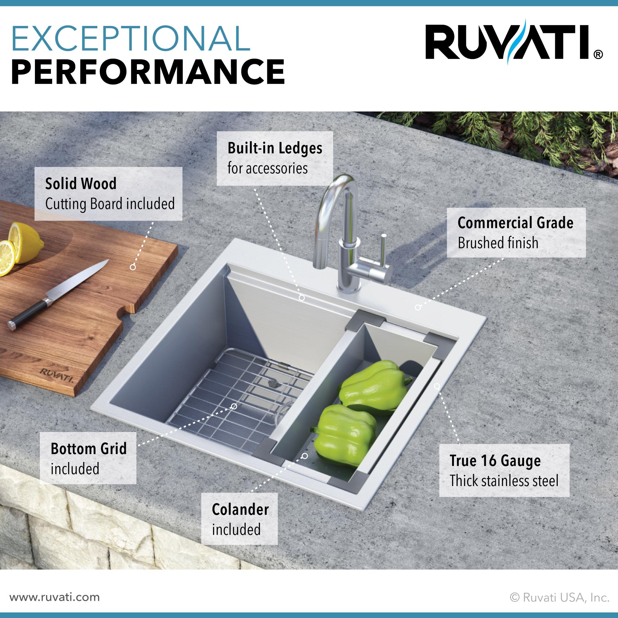 Ruvati 21 x 20 inch RV Workstation Drop-in Topmount Bar Prep Kitchen Sink 16 Gauge Stainless Steel