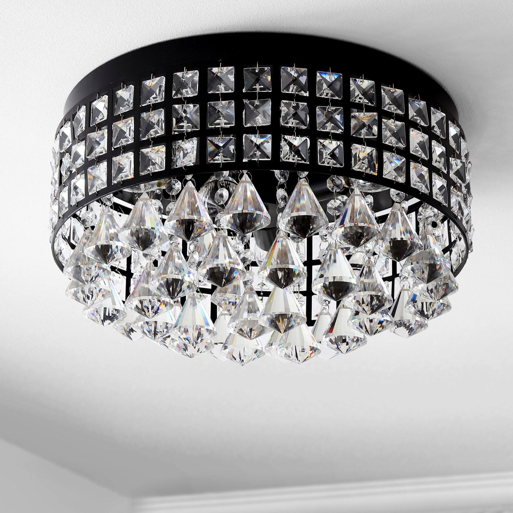 JONATHAN Y Meredith 14.5" 3-Light Crystal Drops/Metal LED Flush Mount, Black