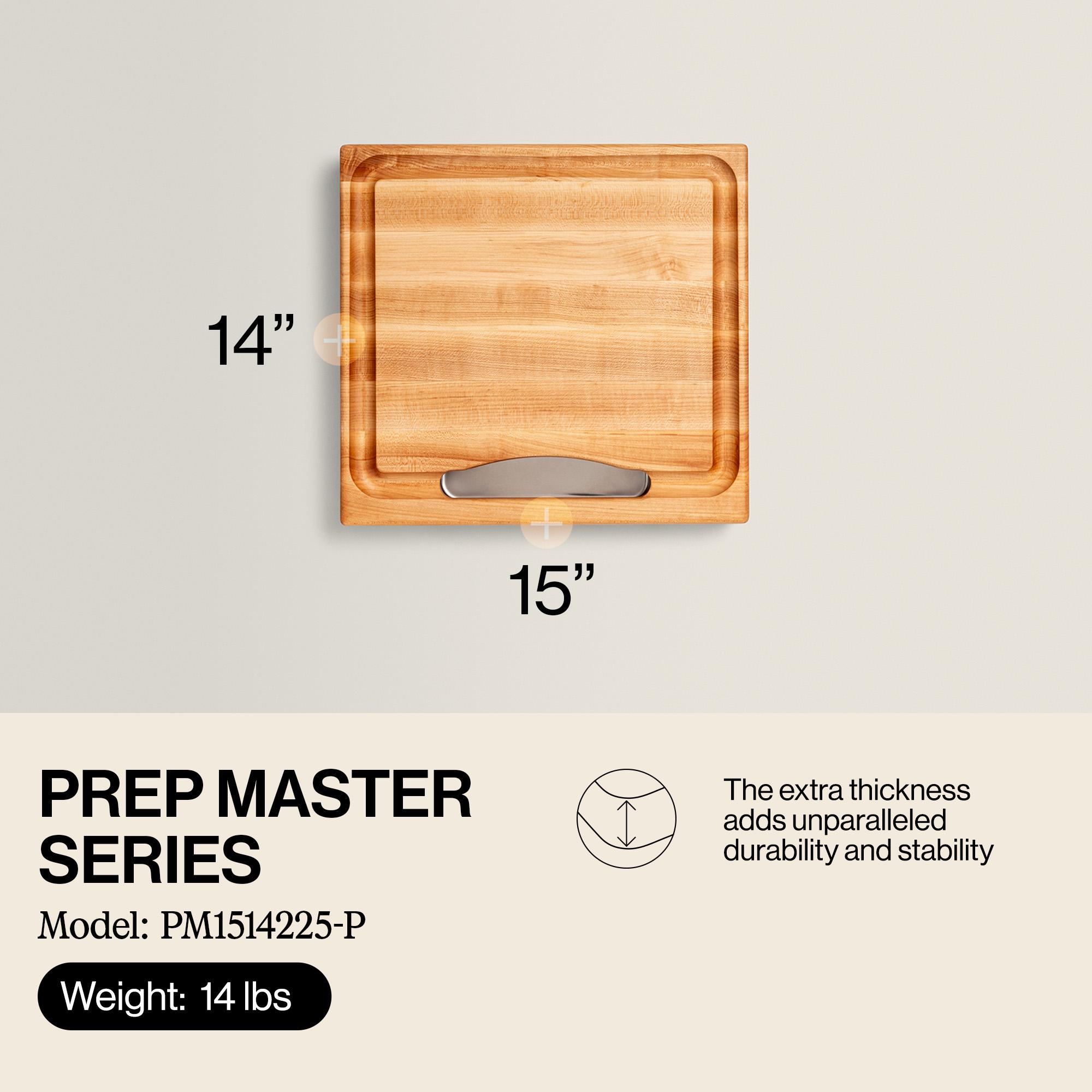 John Boos Boos Block Newton Prep Master Reversible Wood Cutting Board with Juice Groove and Pan, 2.25-Inch Thickness, 15" x 14" x 2 1/4", Maple