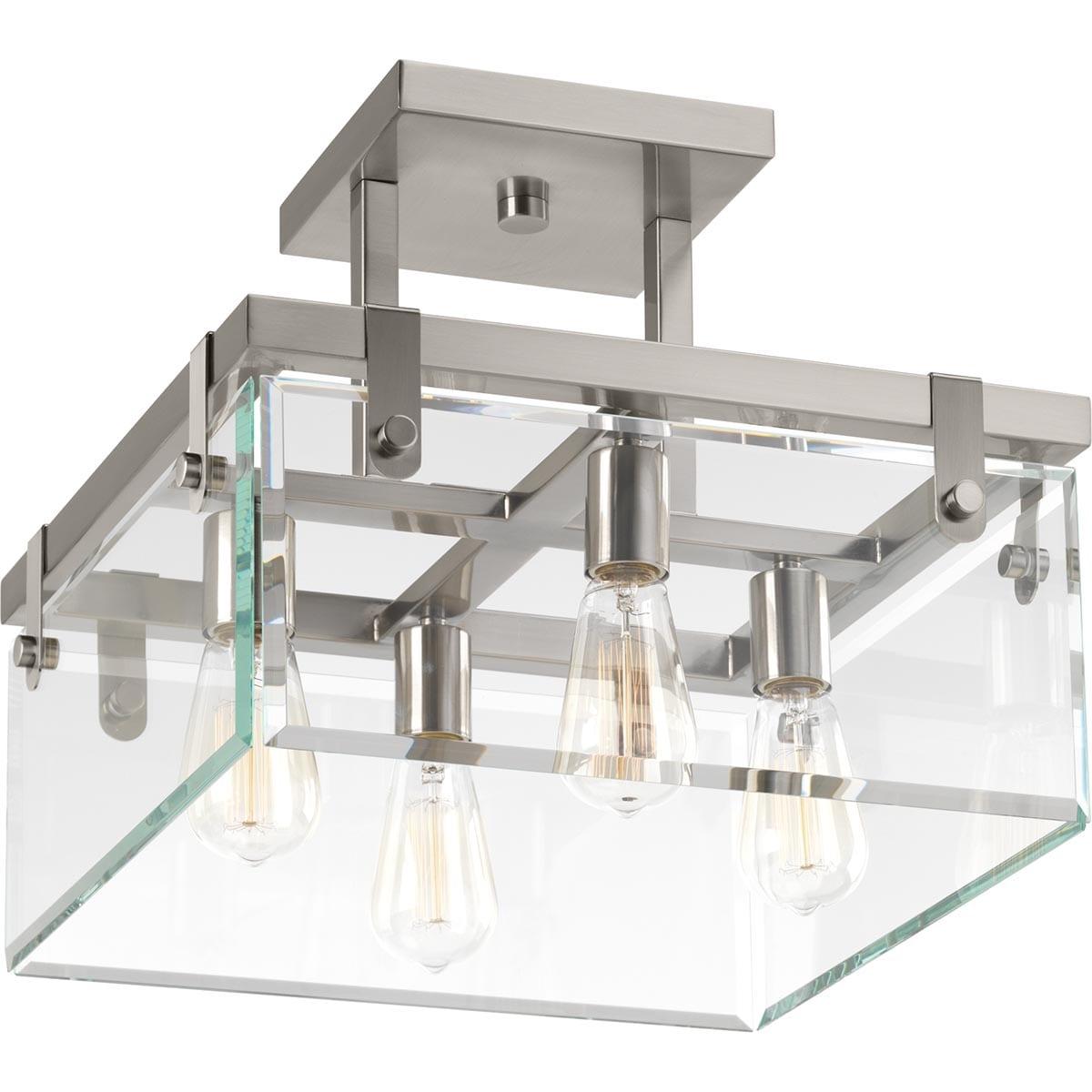 Progress Lighting Glayse 4-Light Semi-Flush Convertible Fixture, Brushed Nickel, Beveled Glass Shade