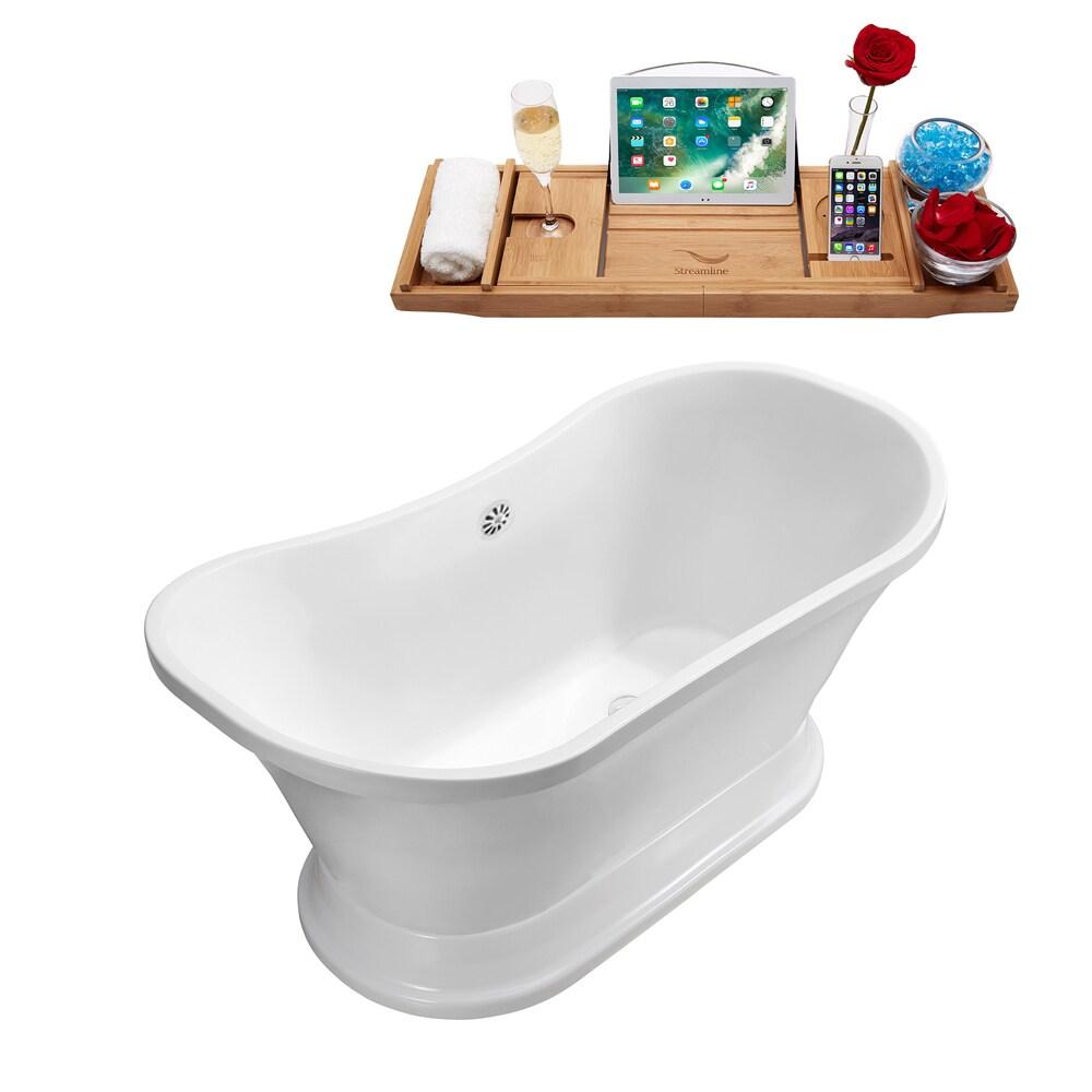 68" Streamline Freestanding Soaking Acrylic Bathtub With Drain and Bamboo Tray