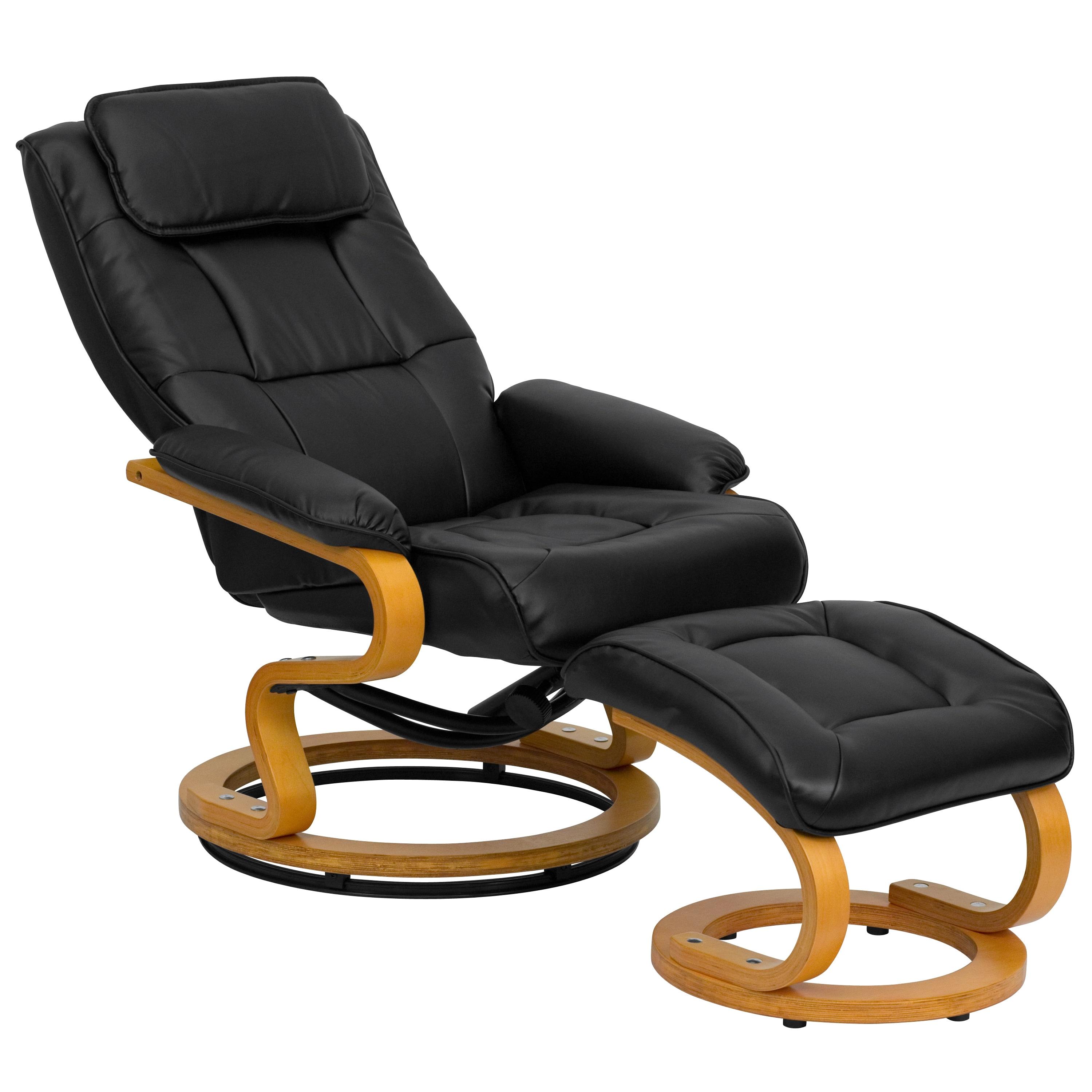 Flash Furniture Davies Contemporary Adjustable Recliner and Ottoman with Swivel Maple Wood Base in Black LeatherSoft