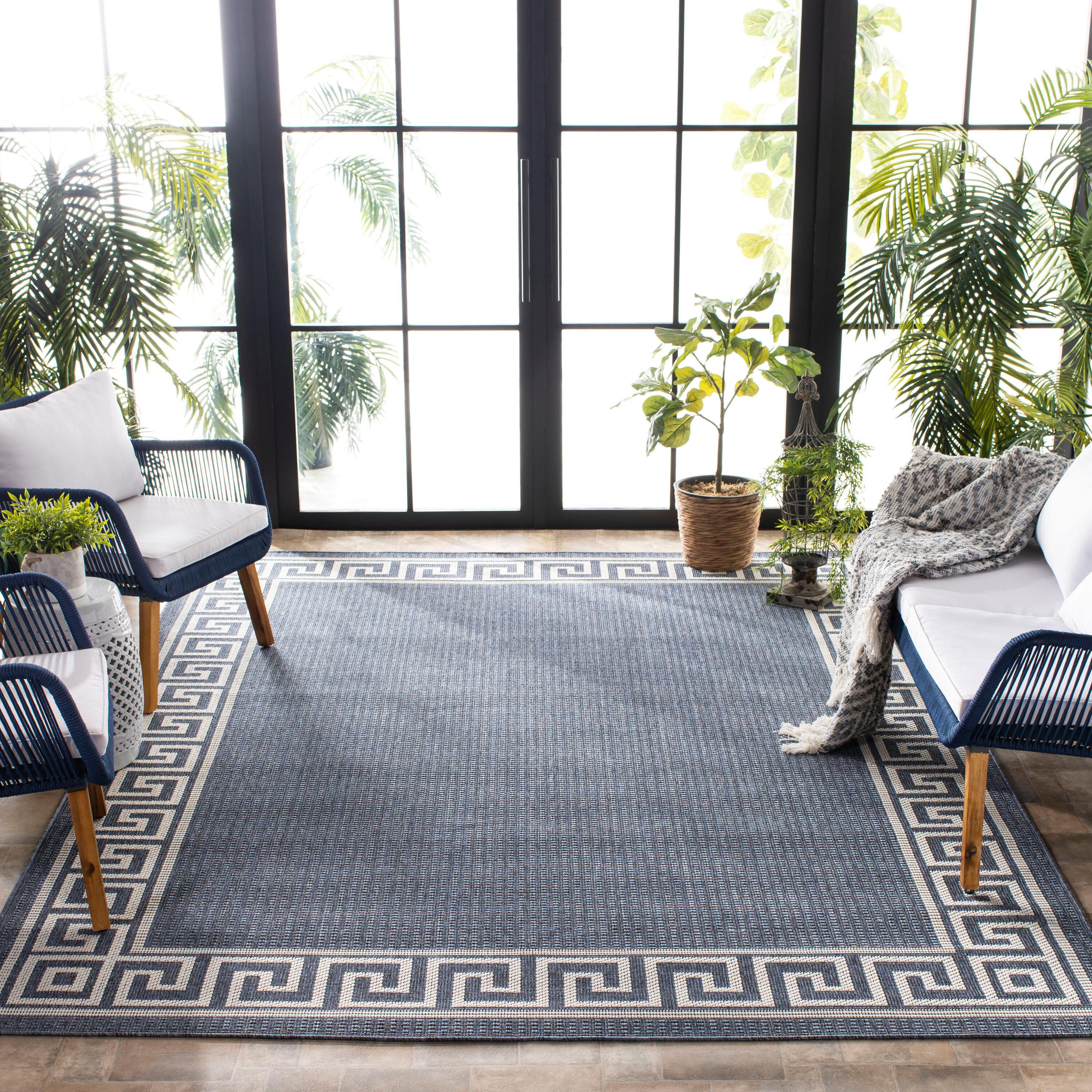 SAFAVIEH Bermuda Isidora Geometric Machine Washable Indoor/Outdoor Area Rug, Dark Blue/Ivory, 8' x 10'
