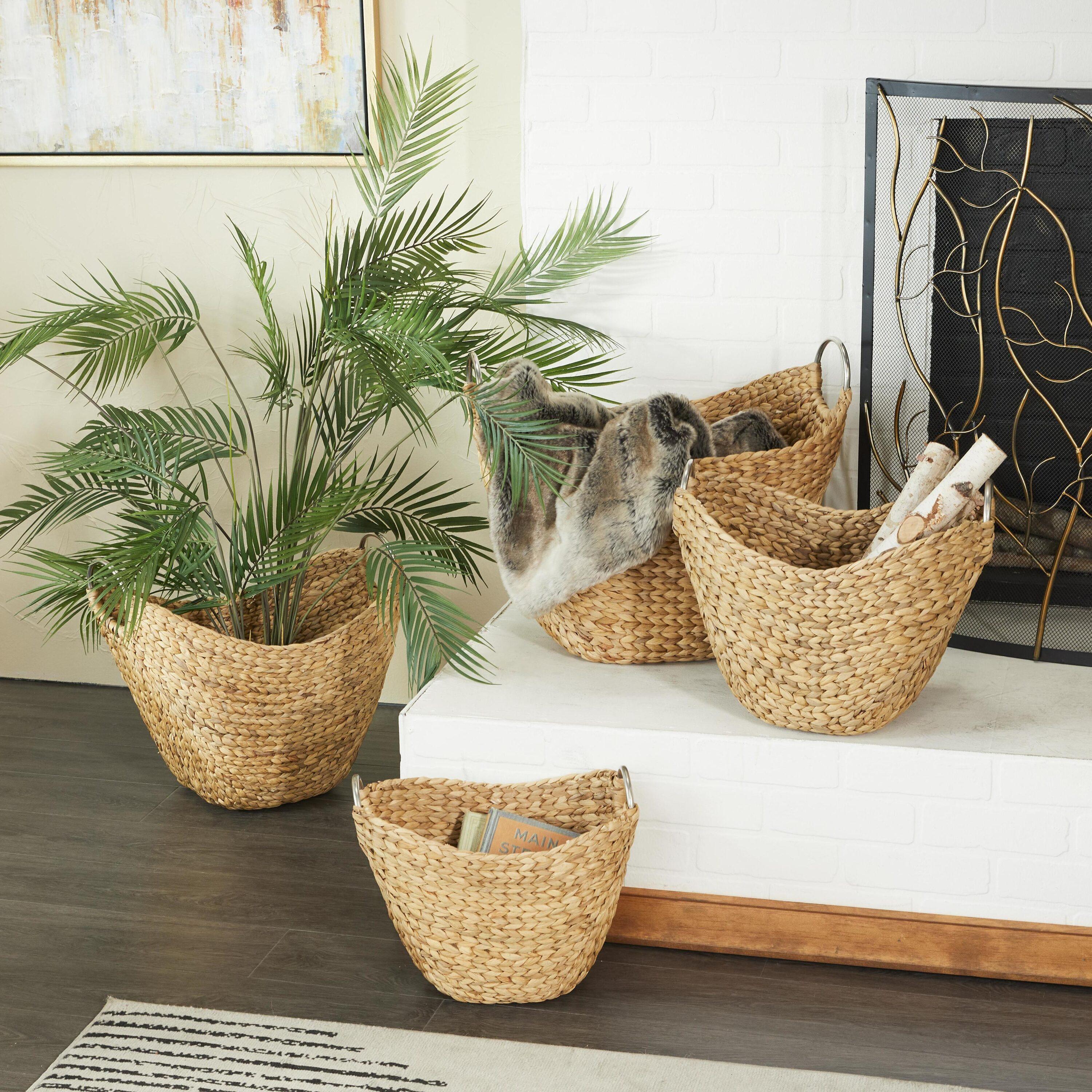 4 Piece Brown Seagrass Handmade Woven Storage Basket with Metal Handles Set