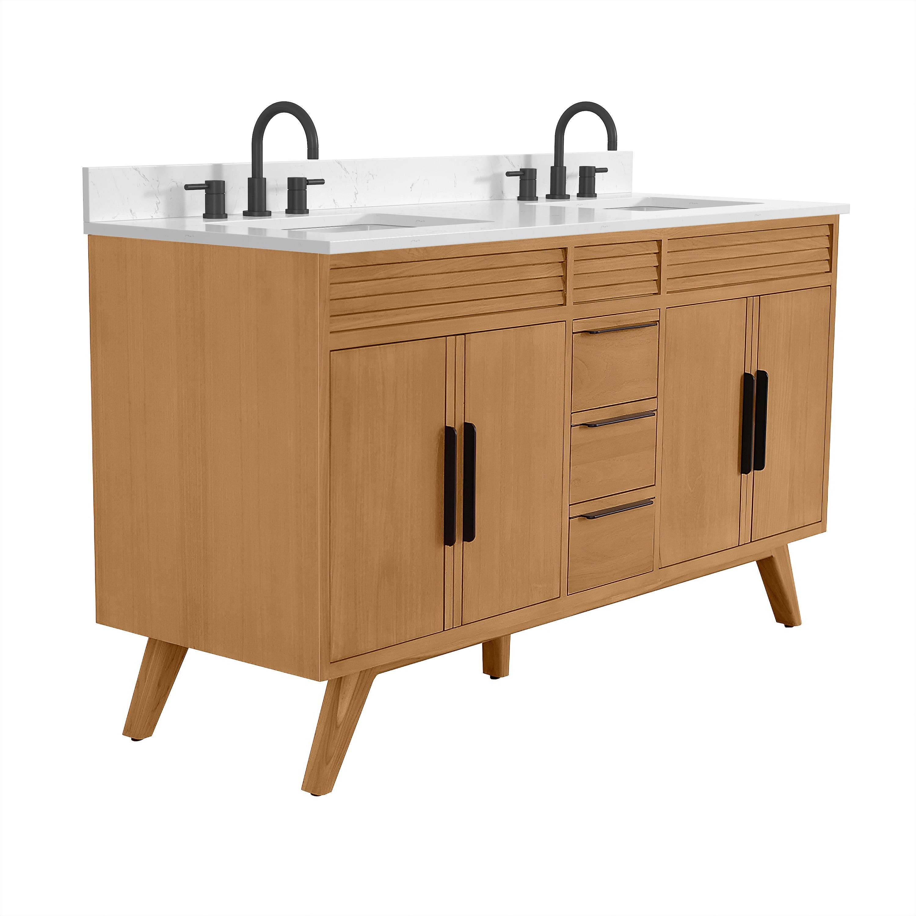 Taylor 61 in. Double Sink Bath Vanity in Natural Teak with Cala White Engineered Stone Top