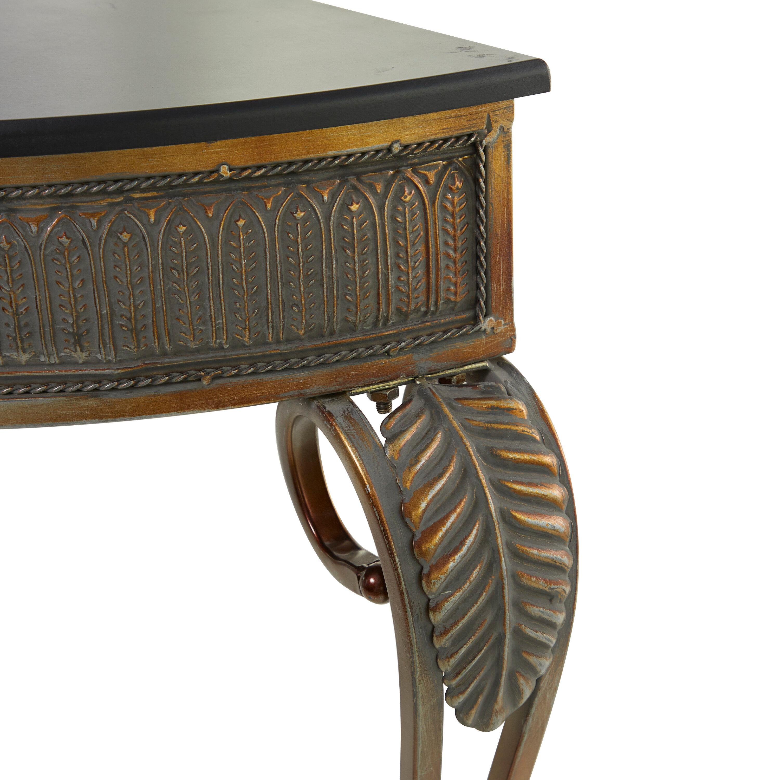 Allura Metal Embossed Leaf Console Table with Ornate Scroll Legs