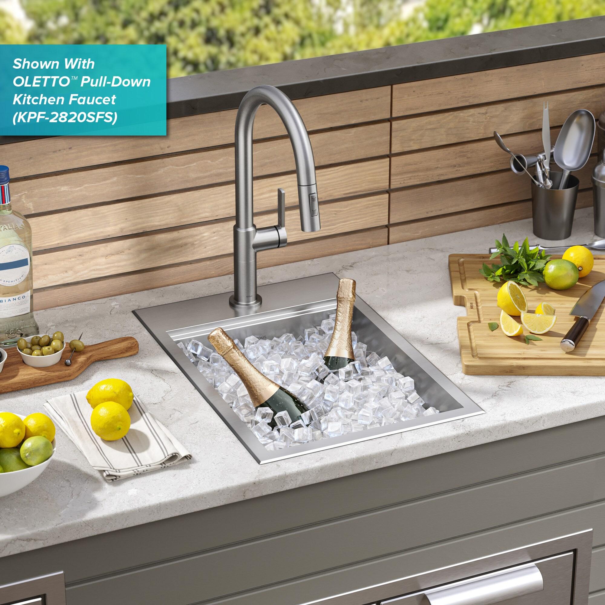 KRAUS Kore™ 15" L Outdoor Workstation Drop-In 16 Gauge Marine Grade T-316 Stainless Steel Single Bowl Kitchen Bar Sink