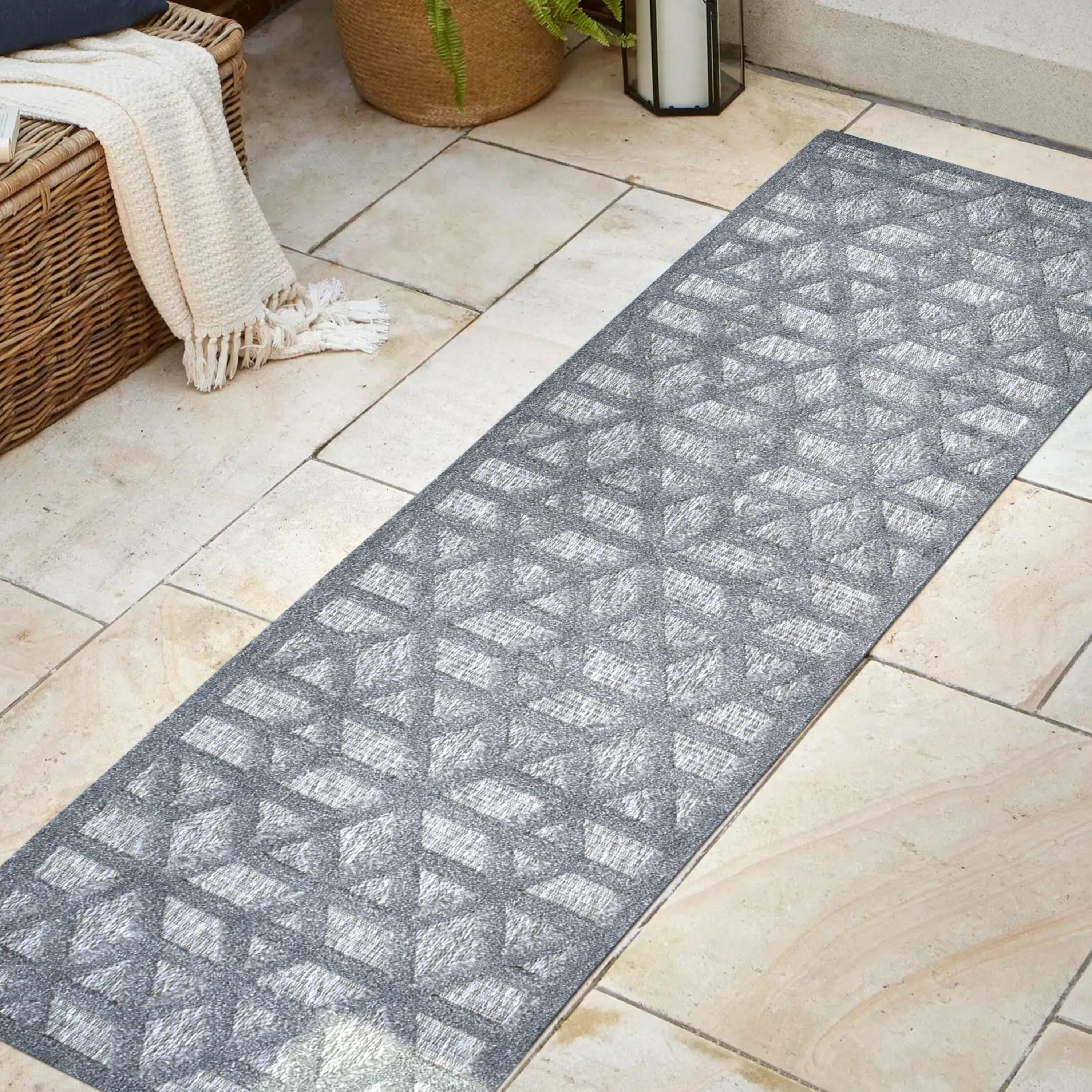 2'x8' Talaia Neutral Geometric Indoor/Outdoor Runner Rug, Dark Gray - JONATHAN Y