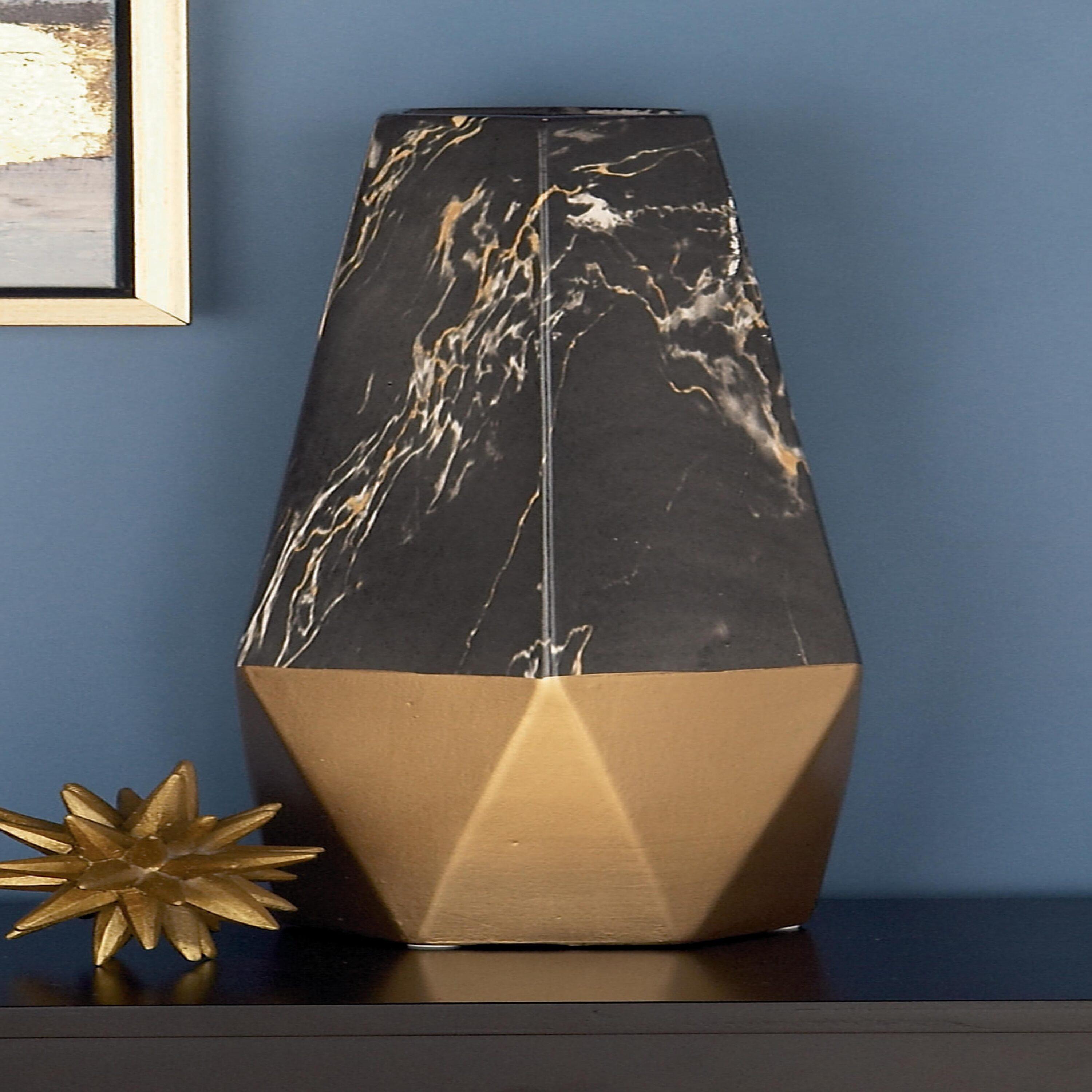 Mercer41 Bhavya Ceramic Faux Marble Decorative Dark Gray Vase with Gold Base