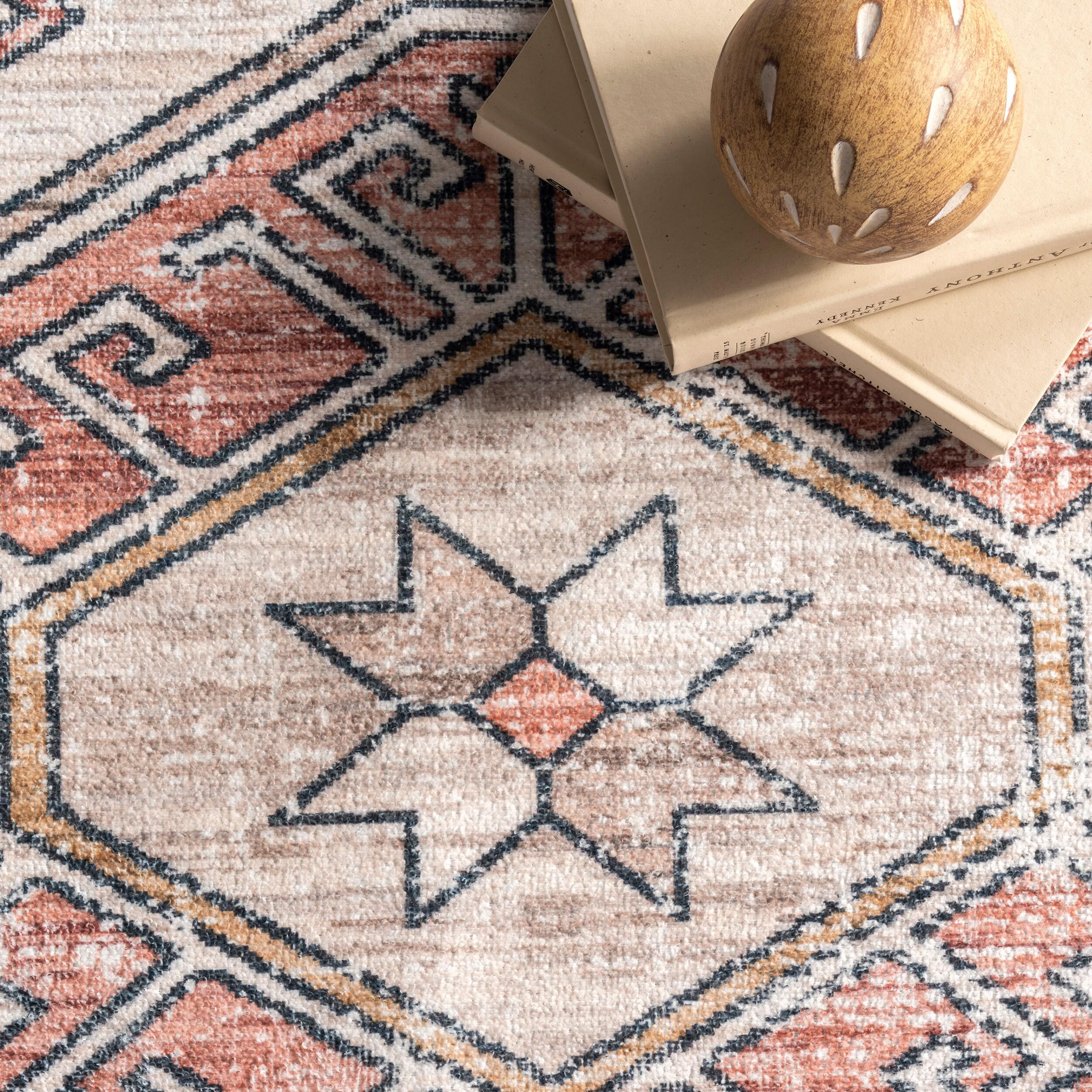 nuLOOM Mae Tribal Motif Machine Washable Peach 6' Modern Round Rug